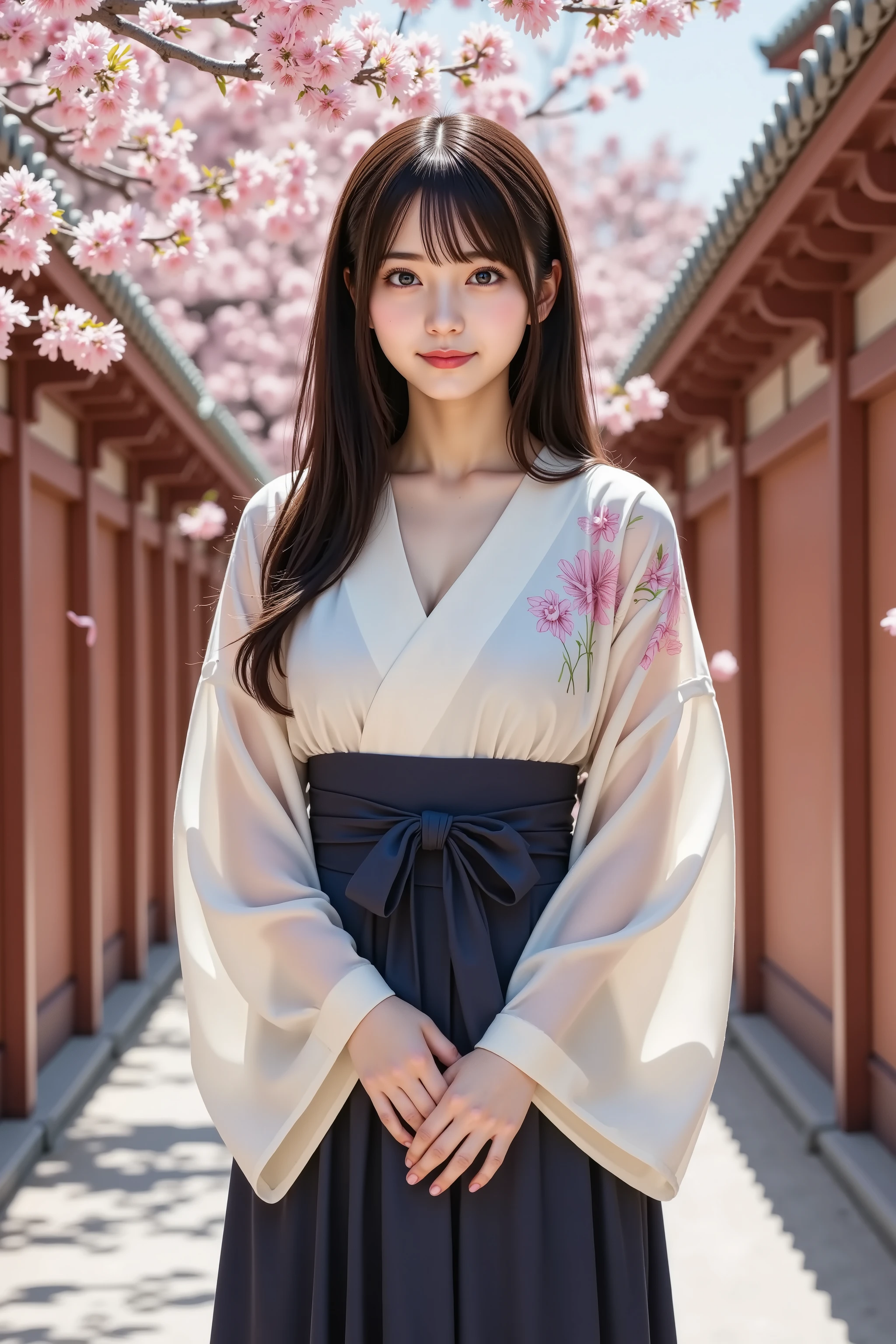 haruka, firm breast, ultra-high-resolution 8K anime-style CG illustration of a graceful young woman standing beneath blooming cherry blossoms on a serene spring day. The image is composed to fully capture her figure from the head to her waist within the frame, with no cropping of her face or hair, ensuring her elegance and expression are entirely visible. Her long, flowing black hair dances gently in the breeze, with soft light catching individual strands and adding a sense of movement and airiness. Her hairstyle features natural waves and long side bangs framing her delicate, fair-skinned face, which is softly blushed with natural makeup. Her large, deep violet eyes are calm and melancholic, gazing slightly off to the side as she stands quietly in a traditional Japanese setting.
She wears a beautiful and refined kimono with a pale cream base, adorned with intricate pink cherry blossom patterns on the sleeves and upper body, blending perfectly with the environment around her. The kimono is secured with a dark navy hakama tied at the waist with a wide sash, detailed with a large ribbon knot and subtle pleats that drape naturally. The lower part of her attire is also decorated with additional floral embroidery that mirrors the real cherry blossoms hanging above her. The delicate folds and fabric textures of her traditional clothing are finely rendered, highlighting the craftsmanship of her outfit in a painterly yet highly realistic anime style.
The background features a quiet temple corridor with traditional red wooden pillars and walls lining a stone path. Soft sunlight filters through the branches of the cherry trees, casting light and shadow patterns across the scene and illuminating the floating petals around her. The contrast of the vivid pink blossoms against the warm architecture and clear blue sky evokes a feeling of nostalgia, elegance, and transience. The whole composition captures the fleeting beauty of springtime and traditional aesthetics with a balance