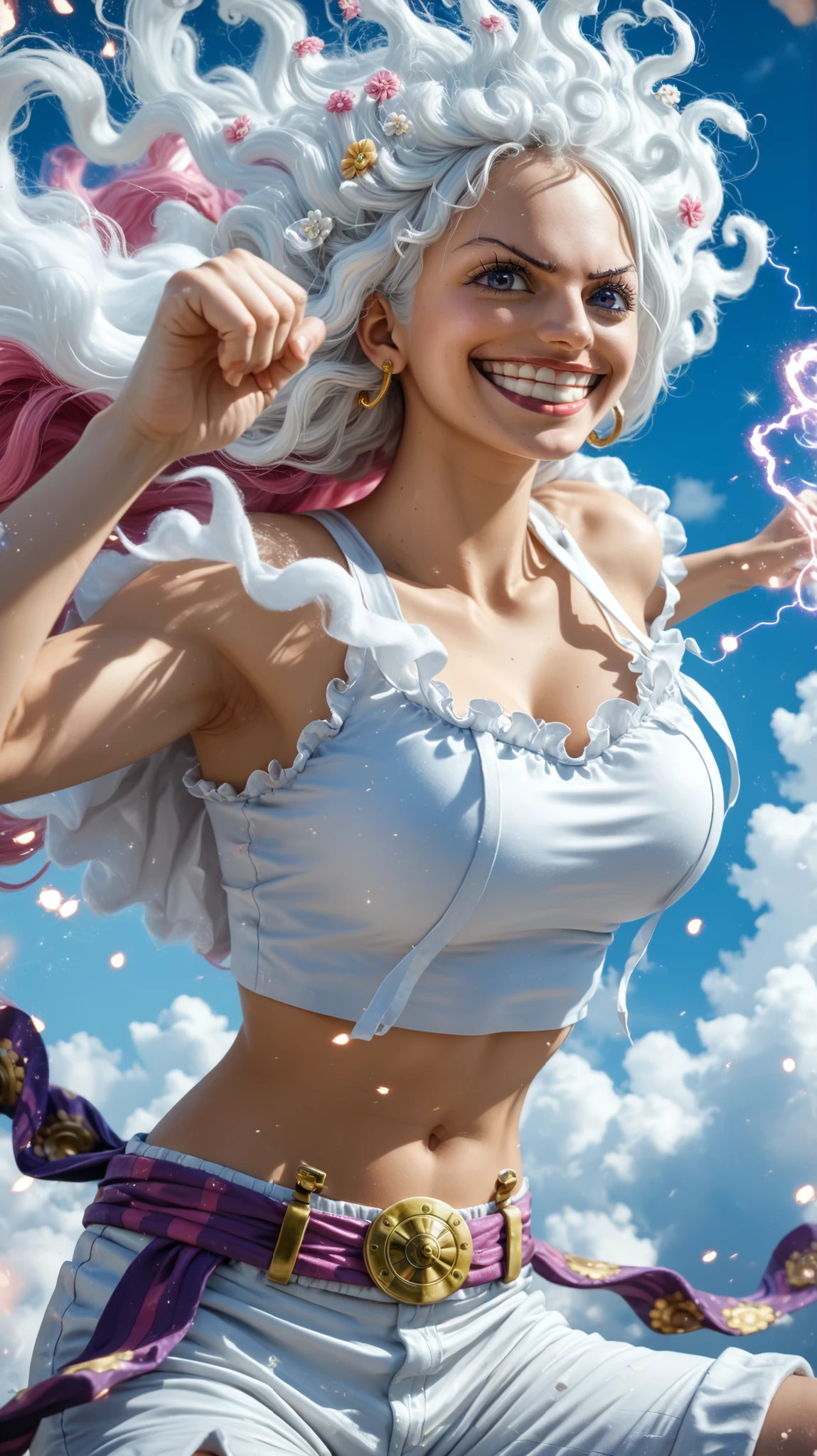 Jewelry Bonney from One Piece, transformed into a Gear Fifth-inspired form: voluminous, cloud-like white hair floating upwards with magical energy, a playful, divine expression, and a wide smile. She wears a tight white crop top and white shorts, with a purple sash tied around her waist. Her skin glows with a divine light, and gentle wisps of energy swirl around her limbs, mimicking cartoon physics. She holds out one hand in an exaggerated, dynamic pose, while her body floats lightly in the air, full of power and joy. The scene is sparkling with shimmering fog and sparkles in the background. Hyper-realistic photo-realistic rendering, detailed skin texture, realistic lighting, and natural anatomy. long hair, white hair