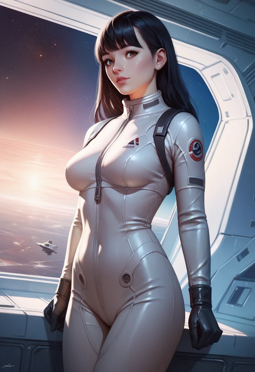 21 years old Italian woman, ((full body)), ((nude)), heavily armored in white color for fighting, beautiful chest, standing in the room of the space ship with her legs spread apart, from front below