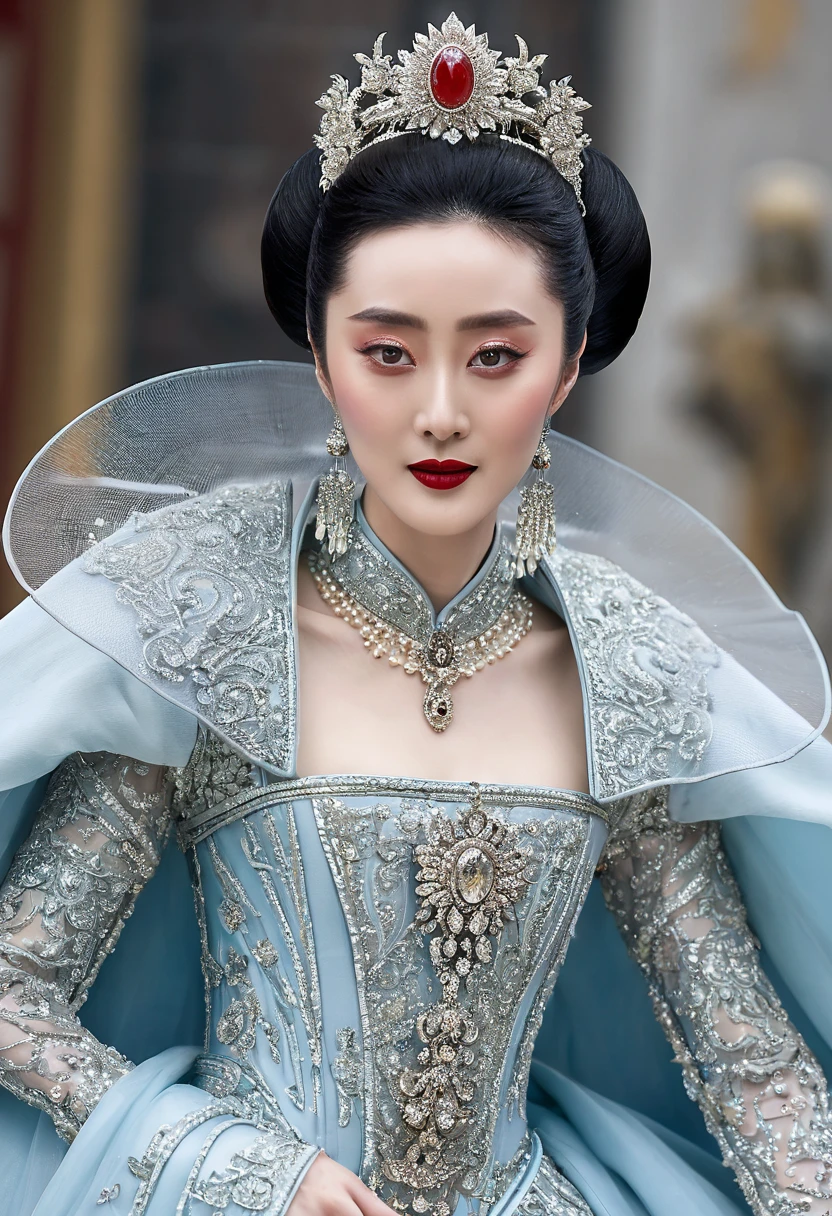 An authoritative a true scene of a breathtaking beautiful and celestial and majestic chinese lady resembling fan bingbing who is an honorable royal empress of china with large elegant, hawk-like-nose, who embodies old fashioned class, sophistication, elgance as well as wholesome, natural beauty. curvy, thin-waist, wide-hips, swaying-hips. Laura Vandervoort. Insanely Oppulent and majestic sequined square neck historically accurate victorian coronation multi layered tulle huge and long ancient hanfu or any ancient traditional dress of china with long tulle floating sleeves and a hint of seductive cleavage and it must be fancy like an aged empress, the beauty of her face is devilishly high and hypnotic and her eyes are like pearls with wicked smile. It is a promise of seduction as her big round breasts swirls out and makes you to edge on your orgasm, striking evil makeup with pure red lipstick that tempts to look more and more and feel scorned and humiliated by her beauty. she is in her coronation ceremony. hint of seductive cleavage makes men to submit to her. her hairstyle is a royal puffy huge Thick updo. her gaze is seductively dominant and powerful and majestic with intense charismatic. you will be forced to look at her seductive cleavage and aroused and kneel and then prostrate and worship her. the way her gaze shows and whispers: ‘Kneel and worship me my servant and show your humility towards me.’if you watched at her you must immediately kneel and prostrate and if you don't, you shall feel extremely horny by the hint of her seductive cleavage a burst into a huge orgasm. she will force you to kneel and prostrate at her like a god whether you like it or not. you will feel possessed by her bewitching beauty and voluptuous power and she will force you to kneel and prostrate at her like a god whether you like it or not. you will feel possessed by her bewitching beauty and voluptuous power and she sees that you will be forced to kneel with her possessive power of her