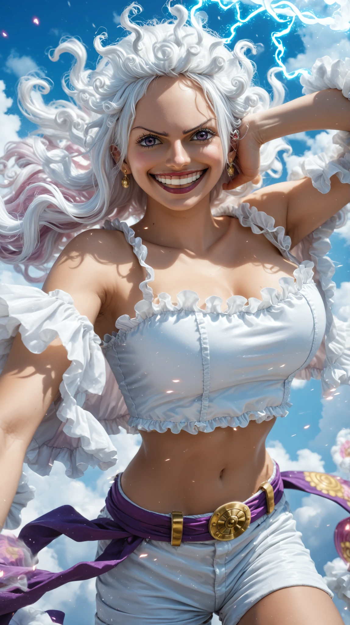 Jewelry Bonney from One Piece, transformed into a Gear Fifth-inspired form: voluminous, cloud-like white hair floating upwards with magical energy, a playful, divine expression, and a wide smile. She wears a tight white crop top and white shorts, with a purple sash tied around her waist. Her skin glows with a divine light, and gentle wisps of energy swirl around her limbs, mimicking cartoon physics. She holds out one hand in an exaggerated, dynamic pose, while her body floats lightly in the air, full of power and joy. The scene is sparkling with shimmering fog and sparkles in the background. Hyper-realistic photo-realistic rendering, detailed skin texture, realistic lighting, and natural anatomy. long hair, white hair