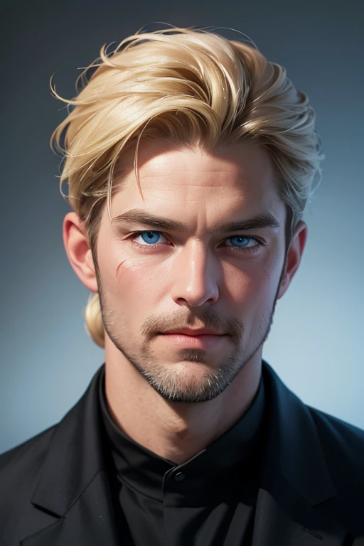 A middle-age man in his fifties with blonde hair tied in a bun. Tanner skin with some age marks. Bright blue eyes and 2-days beard. Overly confident with a smirk. Semirrealistic style, masterpiece. Dark background Perfect light.