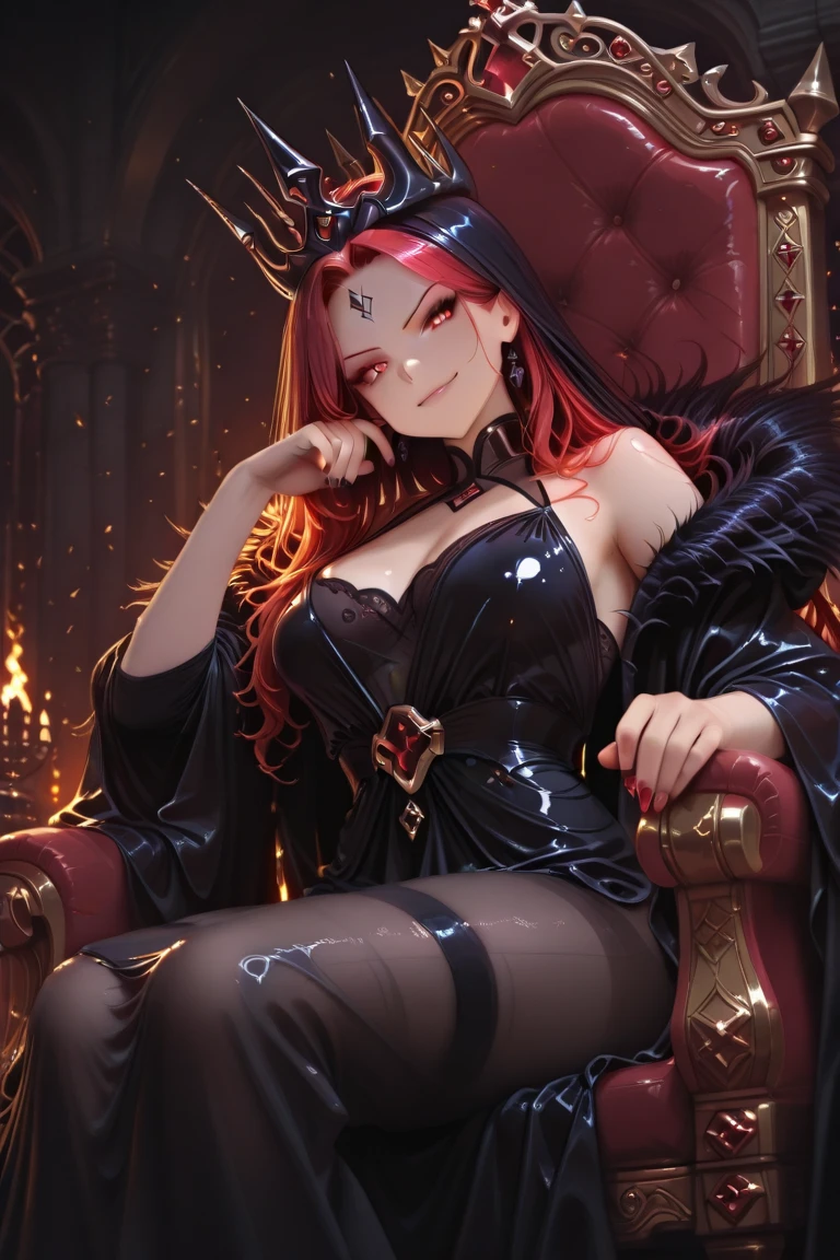 ((top-quality)), ((​masterpiece)), ((ultra-detailliert)), (extremely delicate and beautiful), voluptuous woman, sexy woman, dark tanned skin, red hair, wavy hair, long hair, wearing skin tight glossy black corset top, skin tight glossy black pants, dominant sexy expression, demon horns, golden eyes, sexy smile, sitting on a throne, fiery throne
