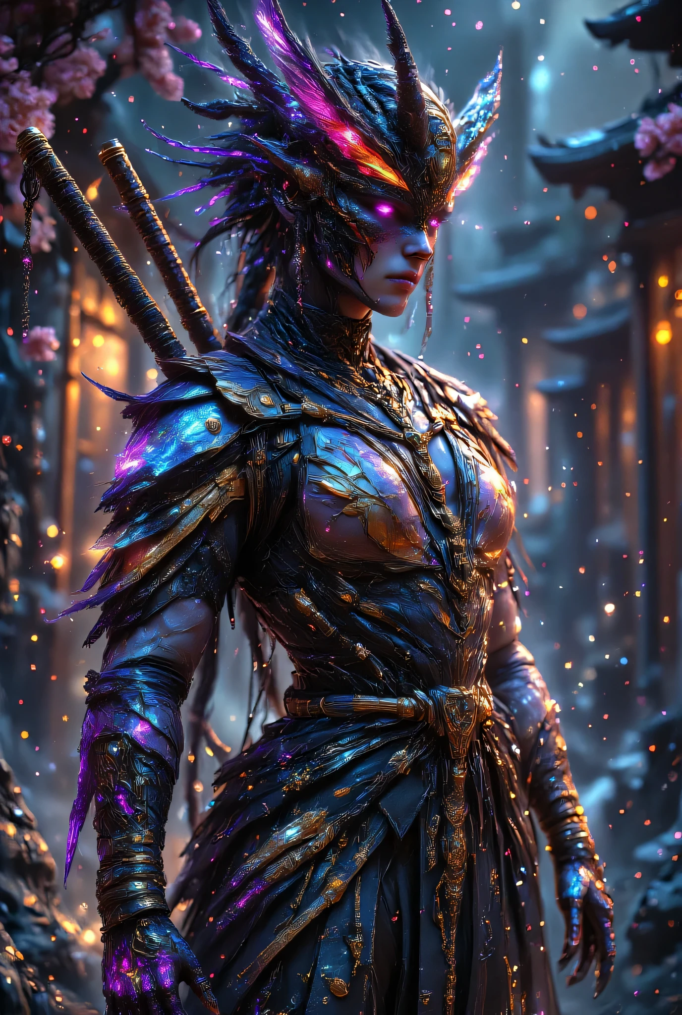 A hyper-realistic depiction of a powerful kunoichi wearing a traditional Japanese mask (oni or kitsune style), standing confidently with two katanas crossed on her back. She radiates a divine aura, glowing with vibrant colors like electric blue, gold, and crimson. Her outfit is a blend of traditional ninja attire and elegant goddess-like robes, flowing with energy. The background is a mystical night landscape with cherry blossoms and ancient temple ruins, subtly illuminated by her aura. Cinematic lighting, ultra-detailed textures, and dynamic composition