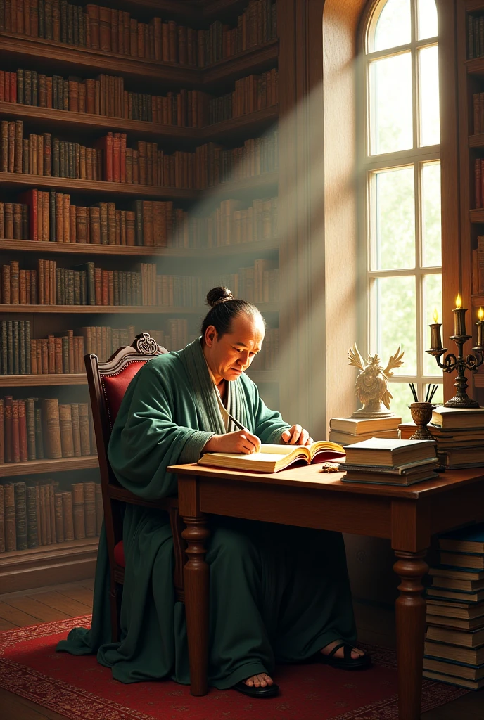 The image of a scholar sitting in a house with lots of books 