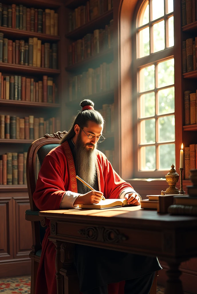 The image of a scholar sitting in a house with lots of books 
