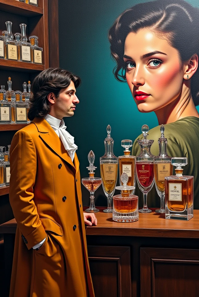 A painting of Descartes with the advertisement of a woman in a perfume bar]  