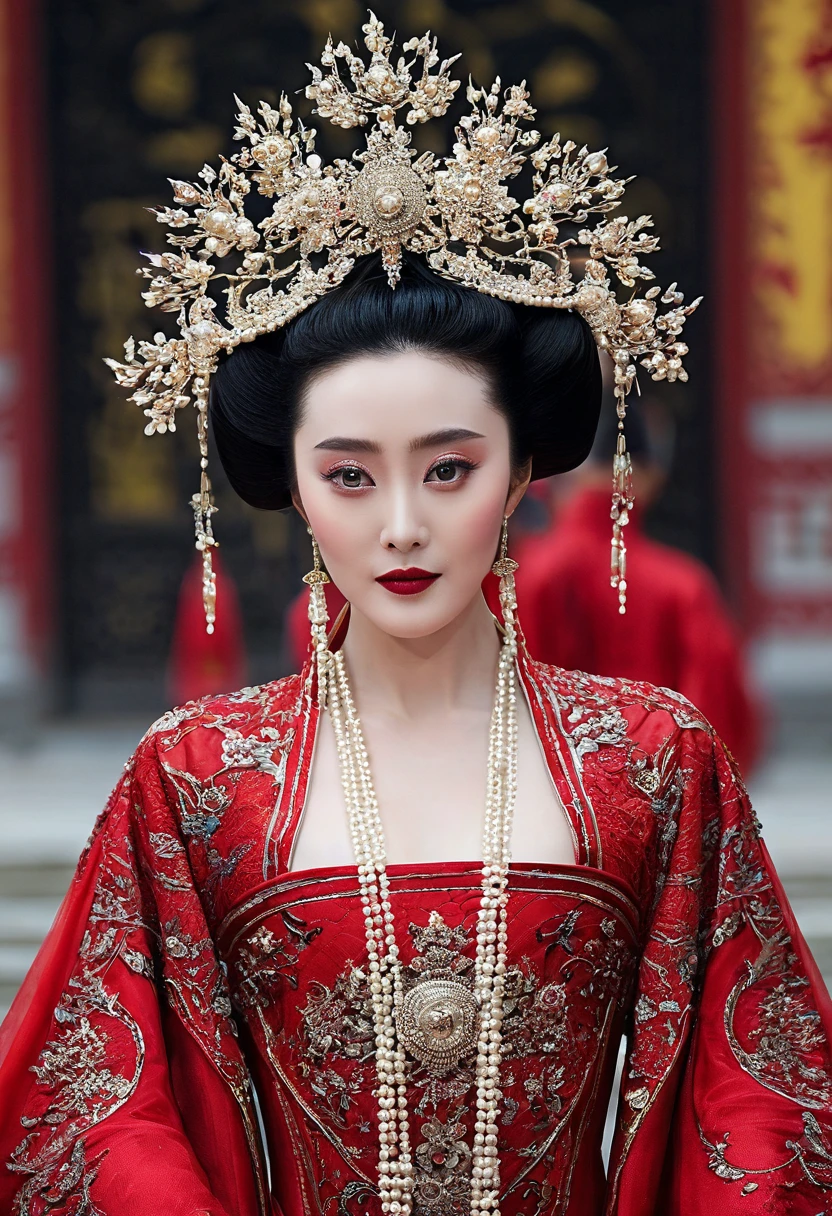 A lavish Empress from the Qing Dynasty era in China, seated on a large golden sofa, completely naked, with her large breasts and massive buttocks protruding as she faces away, her face visible.（Porn Pose） A gorgeous Chinese imperial empress with her hair tied on both sides and wearing a crown、Background of kinky and erotic woman tying her hair、The story is set in the luxurious rooms of an empress in the Chinese imperial court during the Qing dynasty.。