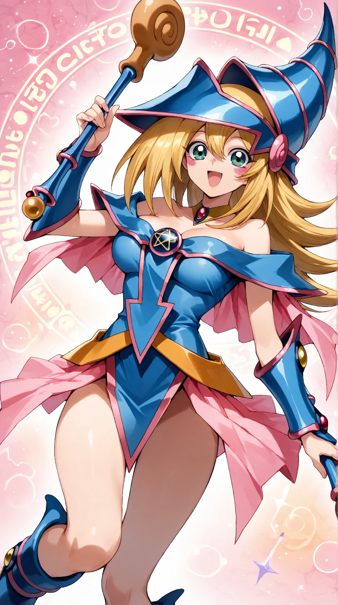 Angle from below, In space、1girl, ((Dark Magician Girl)), Jumping out of the card、Wizard、yu-gi-oh、(grin), Long blonde hair、A bluish-black pointy hat、A bluish-black dress with pink accents, revealing the shoulders and chest、Thighs, (Shoot pink magic from your fingertips towards your penis), magic effect, Leaning forward、Upper arms、Bluish-black short boots、(close up penis:1.3)、(blue panty), Calf、Soft Skin、grin, 1boy, penis, How,