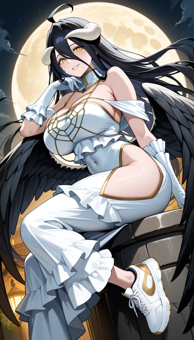 Giant Succubus Girl 50,000 feet high,Weight 1000 kg,Has a pair of white feather wings,Have a pair of long legs,Like a pregnant queen,Smirked,Wearing a white crown,Wearing white earrings,She has long black wavy hair.,Loose hair,Wearing a pair of white high heels,Wearing white lace pantyhose,Bow and star embellished tights,白色蕾丝whole body,Beautiful appearance,Exquisite makeup,quality,8k,高quality,Perfect proportion, Cinema Lighting,Film Grain,Fuji Color,8k,Textured Skin,Super Detail,High Detail,high resolution,charming,Standing in a small city,Trampling destroys the city,whole body,fat。