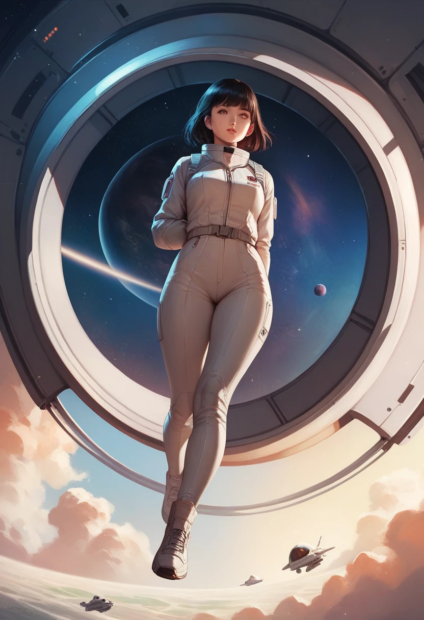 female ,Cosmonaut,spaceship,space,long black hair,straight even hair,short straight bangs,tight spacesuit,brown eyes,Full length,