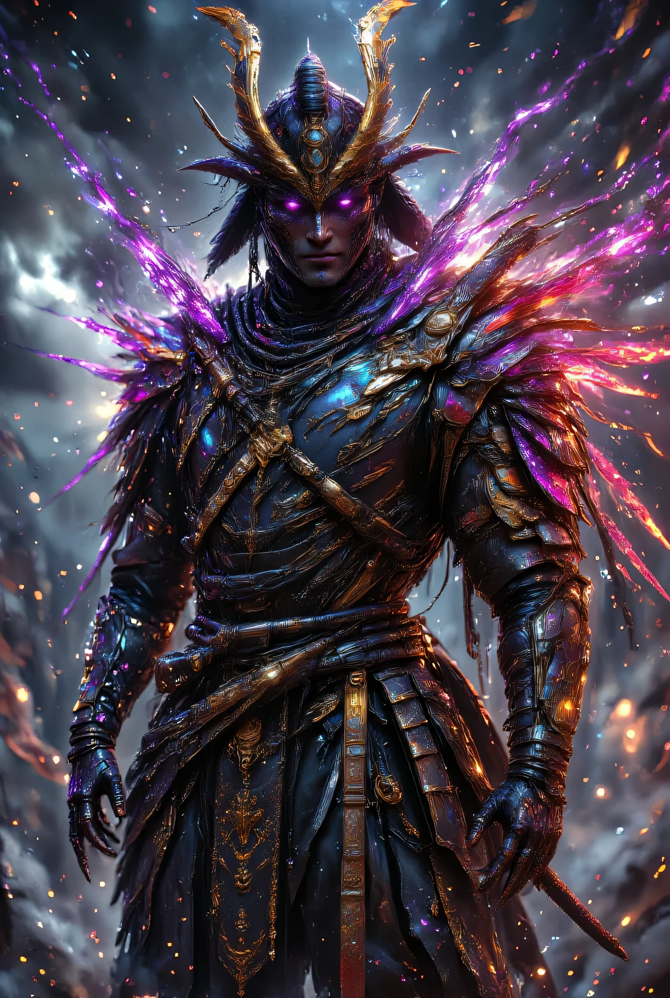 A hyper-realistic samurai warrior standing tall under a stormy sky, wearing ornate traditional armor with intricate golden details and a menacing Japanese demon mask (Oni style). He holds a blood-stained katana in one hand and a second sheathed blade at his side. A divine aura surrounds him, glowing in vibrant tones of fiery red, electric purple, and shimmering silver, symbolizing his godlike presence. The background features a battlefield littered with fallen banners and mist, illuminated by flashes of lightning. Ultra-detailed textures, cinematic lighting, and epic atmosphere.