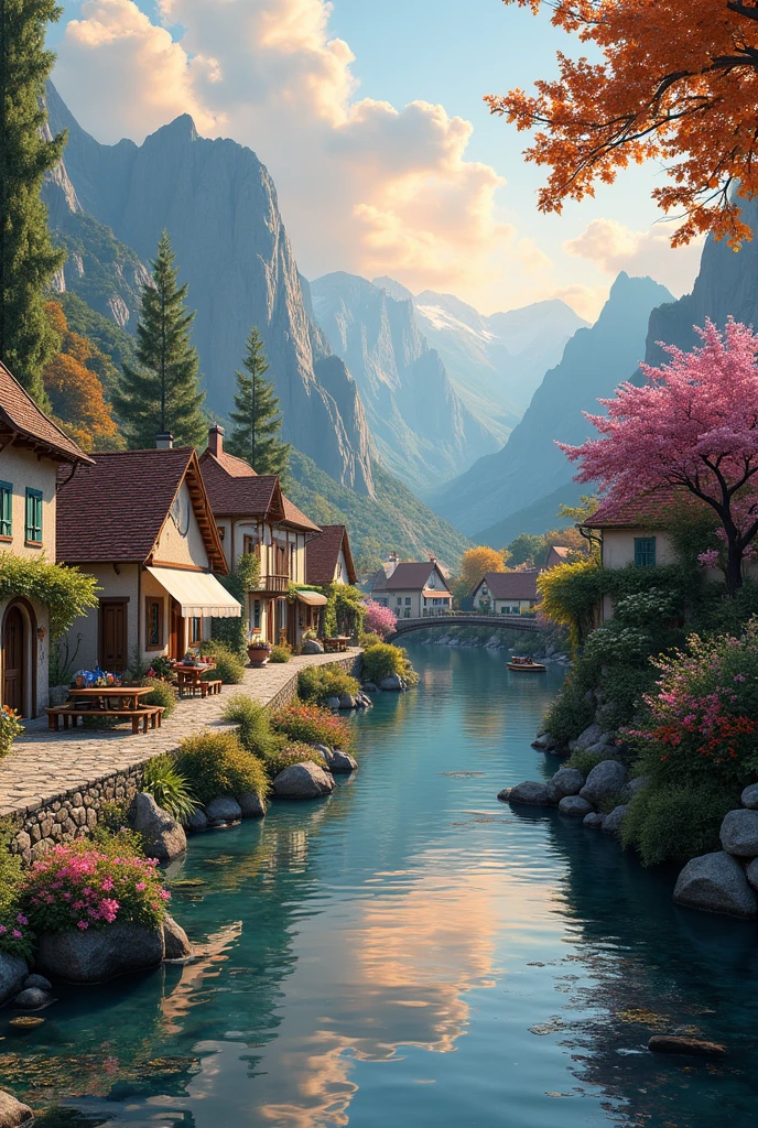 Small village by the river, mountains behind, colorful flowers, detailed landscapes, beautiful natural scenery, atmospheric lighting, scorching sunsets, warm colors, practical photography, detailed leaves, complex buildings, cobbled streets, charming country houses. Vivid colors, lush vegetation, reflection of water, ideal gorgeous pictures, 8k best quality artwork, very detailed, anime style
