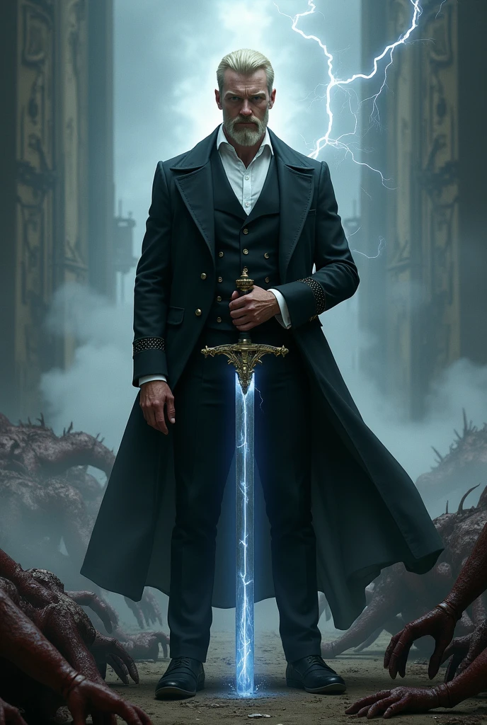Tall and strong white man with short blond hair and short beard in black Victorian suit with a sword shrouded in lightning with dead monsters at his feet