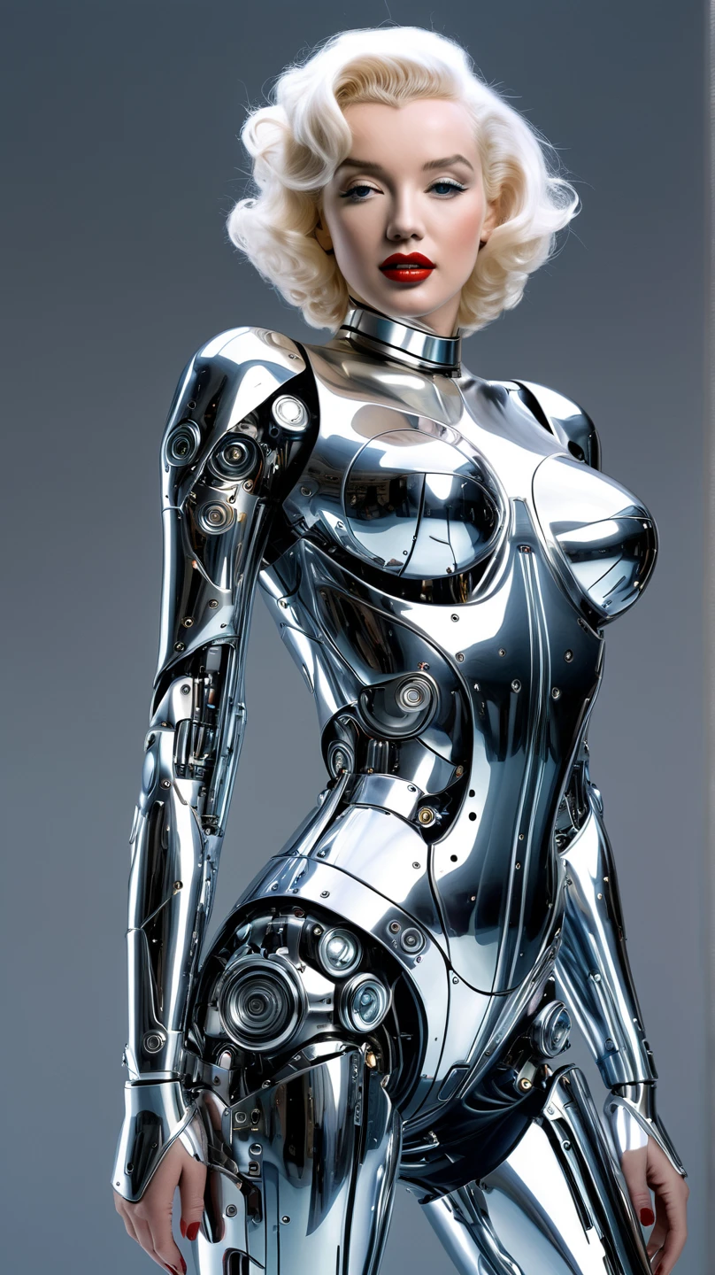 ```
Full-body female cyborg, 100% visible from head to toe, including feet.
16:9 aspect ratio, subject centered, occupying 75% of frame height.
Ample space above head and below feet, ensuring entire figure is shown.
Front-facing pose, eyes looking directly at viewer.
Natural standing position, arms relaxed at sides.
Feet clearly visible, planted firmly on the ground, shoulder-width apart.
Balanced blend of human and cybernetic features.
Facial expression conveying human emotion and warmth.
Slavic features: high cheekbones, clear blue eyes, fair skin.
Shoulder-length platinum blonde hair with subtle tech highlights.
Feminine body shape with elegant cybernetic enhancements.
Seamless integration of metal and synthetic skin across entire body.
Transparent panels on arms, legs, and torso revealing intricate inner workings.
Hands and feet in full view, showing delicate robotic articulation.
Legs fully extended, emphasizing full-length visibility.
Form-fitting outfit accentuating both human curves and tech elements.
Soft, pulsing blue energy lines tracing major body contours to the toes.
Simple, futuristic background not obscuring any part of the figure.
Even, warm lighting emphasizing both organic and synthetic features.
Composition prioritizing complete visibility from head to toe.
Human-like posture and body language despite technological additions.
Overall aesthetic: beautiful, advanced, and unmistakably human-cyborg hybrid.
```