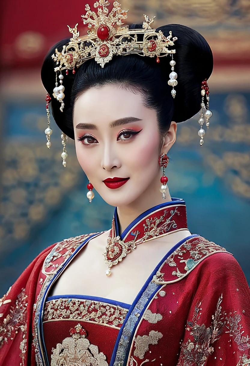 An authoritative a true scene of a breathtaking beautiful and celestial and majestic chinese lady resembling fan bingbing who is an honorable royal empress of china with large elegant, hawk-like-nose, who embodies old fashioned class, sophistication, elgance as well as wholesome, natural beauty. curvy, thin-waist, wide-hips, swaying-hips. Laura Vandervoort. Insanely Oppulent and majestic sequined square neck historically accurate victorian coronation multi layered tulle huge and long ancient hanfu or any ancient traditional dress of china with long tulle floating sleeves and a hint of seductive cleavage and it must be fancy like an aged empress, the beauty of her face is devilishly high and hypnotic and her eyes are like pearls with wicked smile. It is a promise of seduction as her big round breasts swirls out and makes you to edge on your orgasm, striking evil makeup with pure red lipstick that tempts to look more and more and feel scorned and humiliated by her beauty. she is in her coronation ceremony. hint of seductive cleavage makes men to submit to her. her hairstyle is a royal puffy huge Thick updo. her gaze is seductively dominant and powerful and majestic with intense charismatic. you will be forced to look at her seductive cleavage and aroused and kneel and then prostrate and worship her. the way her gaze shows and whispers: ‘Kneel and worship me my servant and show your humility towards me.’if you watched at her you must immediately kneel and prostrate and if you don't, you shall feel extremely horny by the hint of her seductive cleavage a burst into a huge orgasm. she will force you to kneel and prostrate at her like a god whether you like it or not. you will feel possessed by her bewitching beauty and voluptuous power and she will force you to kneel and prostrate at her like a god whether you like it or not. you will feel possessed by her bewitching beauty and voluptuous power and she sees that you will be forced to kneel with her possessive power of her