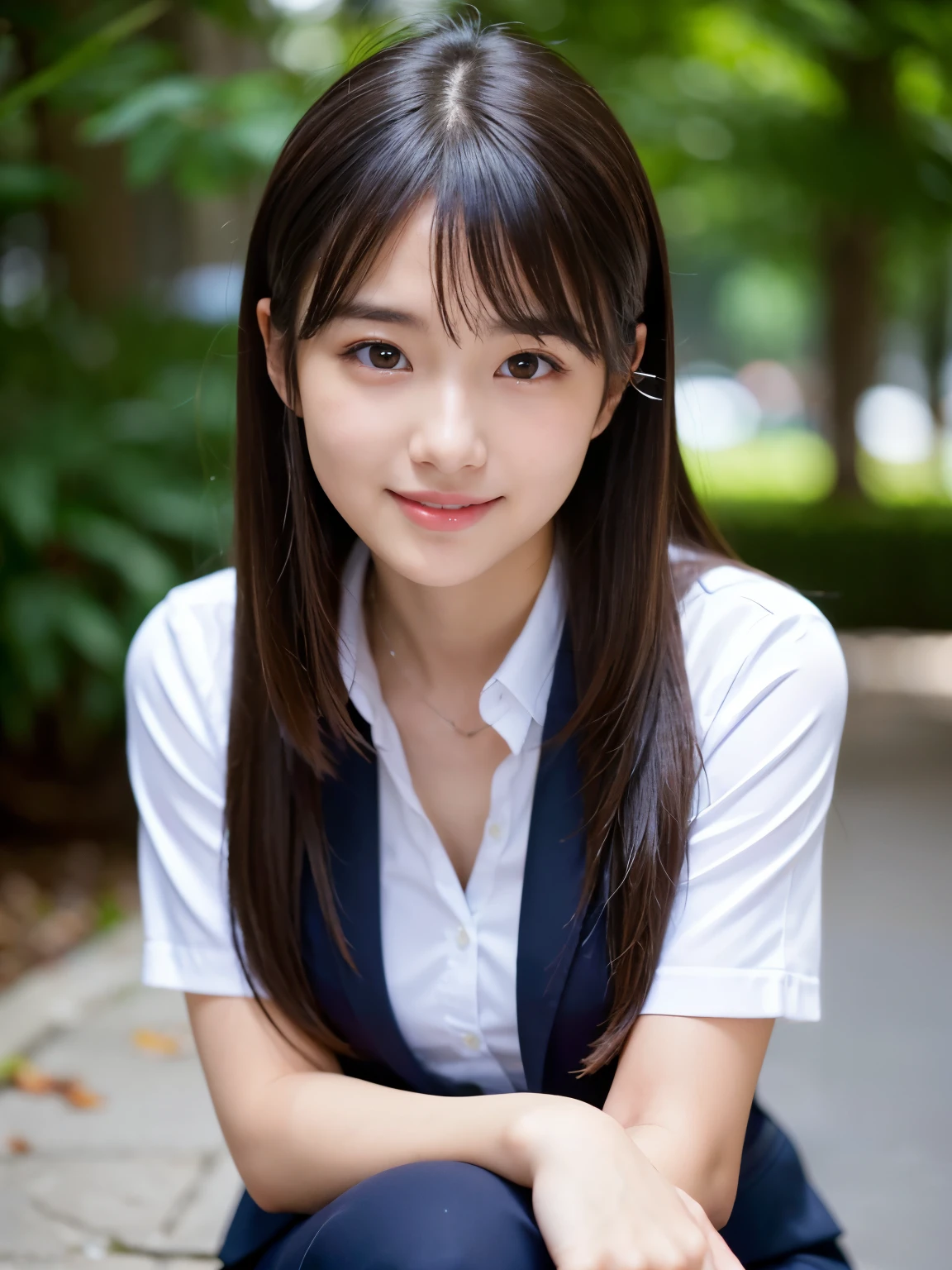 Enhanced dynamic perspective，Cute cute beautiful girl，JK school uniform，Look at me and smile，simple backgound，Works of masters，high quarity，4K resolution，super-fine，Detailed pubic hair，准确，Cinematic lighting，Leaves the original facial proportions、(large full breasts)、((buttonGap))