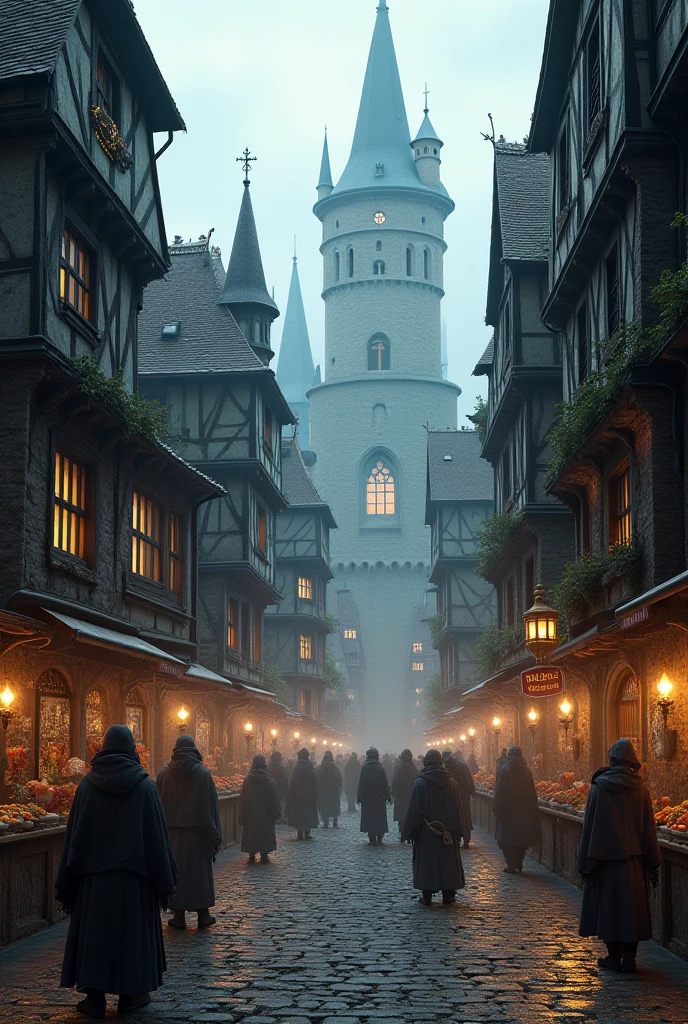 A medieval city of dark and nostalgic fantasy with people walking and commerce