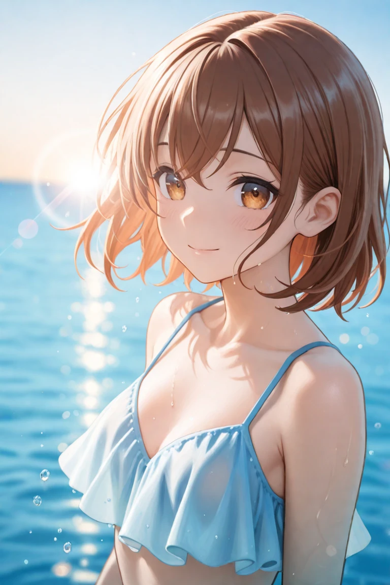 highres, ultra-detailed, 1 girl, beautiful detailed eyes, beautiful detailed lips, smile, sexy, swimmer, swimming suit, beach, seaside, sunshine, clear blue sky, sparkling ocean waves, white sand, palm trees, summer breeze, vibrant colors, glowing sunlight, gentle waves, fashionable swimwear, confident posture