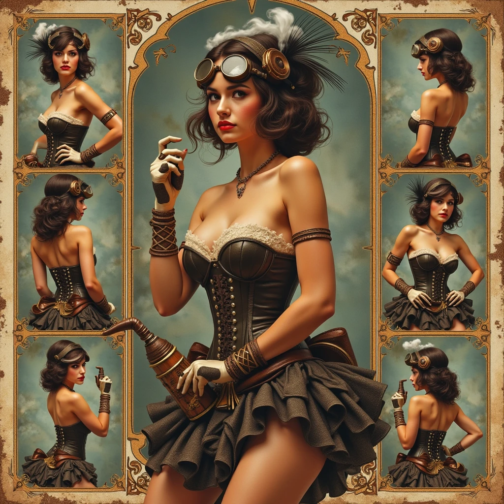 Photocollage of 12 individual images, each valid for one month, 🌟 (artistic styles)
    (retro steampunk:1.3),  (vintage pinup aesthetic:1.3),   (Playboy calendar layout:1.4),   (Mixed-Media-Collage:1.2),    (gold embossing details:1.1),
🌌 (background per month)
    (12 separate scenes:1.3), (steam engine studio:1.2), (Flying airship gondola:1.2), (cogwork:1.1), (Victorian laboratory:1.1)

😈 (Model-Design)
    (12 Steampunk-Pinups:1.4),  (corsets with gear struts:1.3),  (garters + studded stockings:1.2), (Goggles as hair accessory:1.2),
     (Mechanical arm prostheses:1.1), (smoke pipes/tools as props:1.1), 
 (Posen & interactions)
    (Playful machine operation:1.3), (Fan-danced skirts:1.2),  (Oil canisters as support:1.1),  (Steam plumes as veil:1.2), 
Calendar specifications
📅 (Monthly design),  (Each woman likes:  (Antique steam pressure numeric pad:1.3), (floating gear date display:1.2), (Typografie:
        (Engraved lettering:1.2),    (Month names with patina effect:1.1))