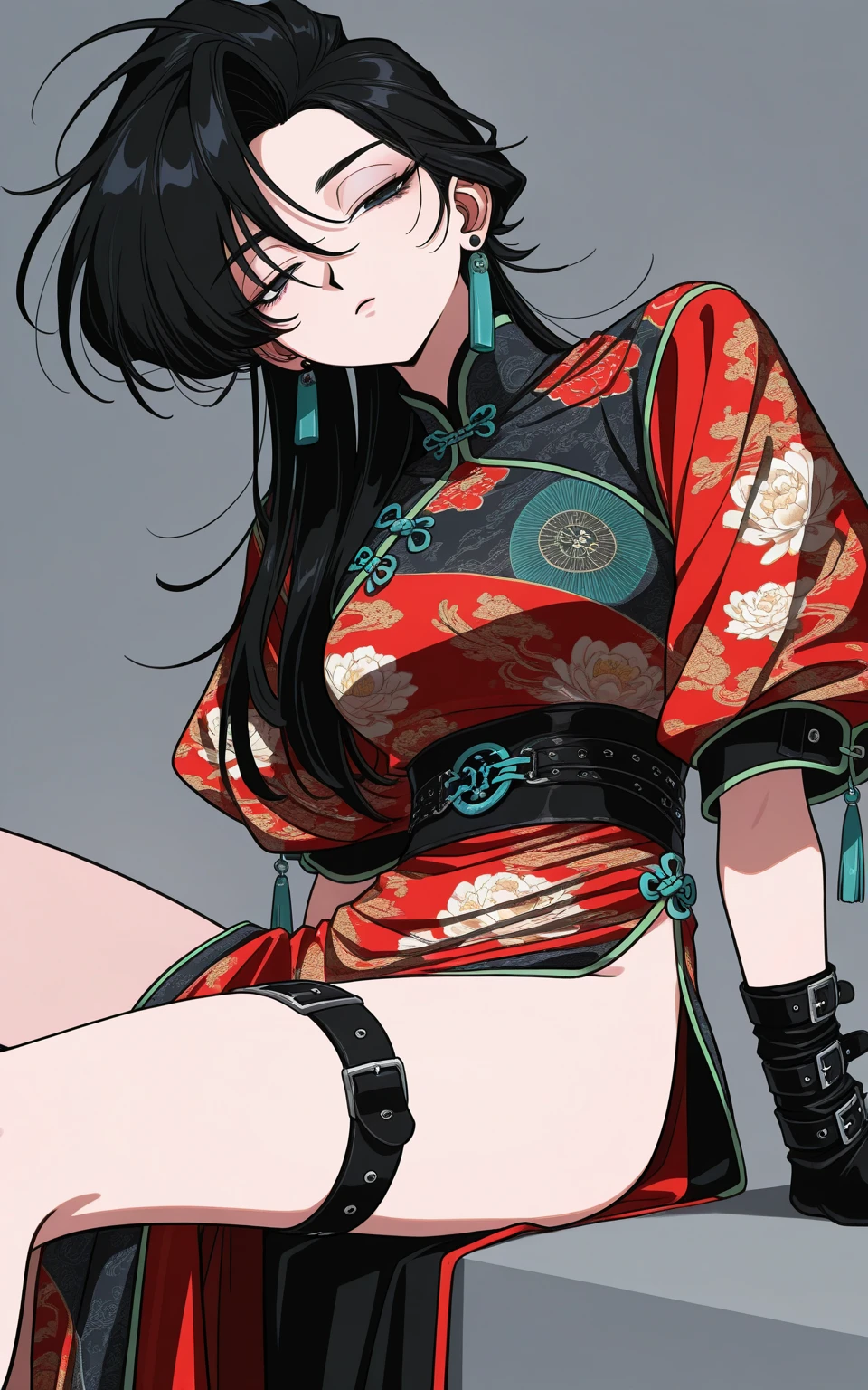 She was thin with pale skin and long black hair.
Mudangbeolle wore a jumpsuit with black waist and legs with a red top with black spots. The edges of the upper side of the suit (inspired by the hanbok) are black and white, and there are two ladybug-like ornaments at the front with a red ribbon that falls down her waist. Her hair is tied in a ponytail with a red barrette with black spots, and she has red spot-like marks on her face: two on her cheeks and one at her forehead. SPARKLE; GLITTER