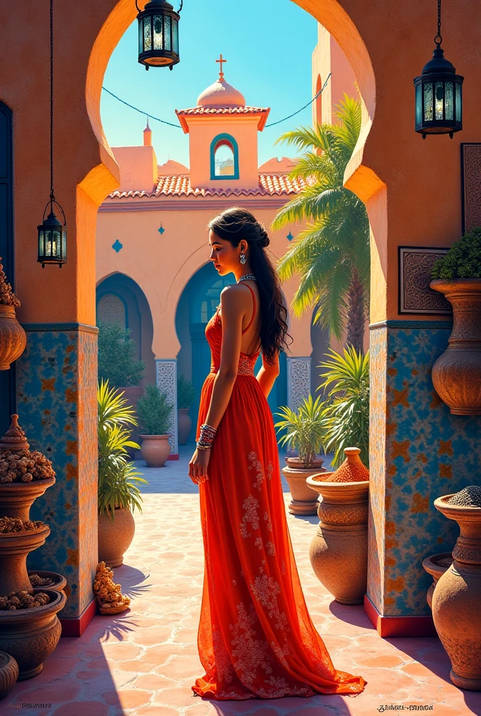 Give me an easy and simple picture in painting that represents Moroccan heritage between authenticity and modernity 