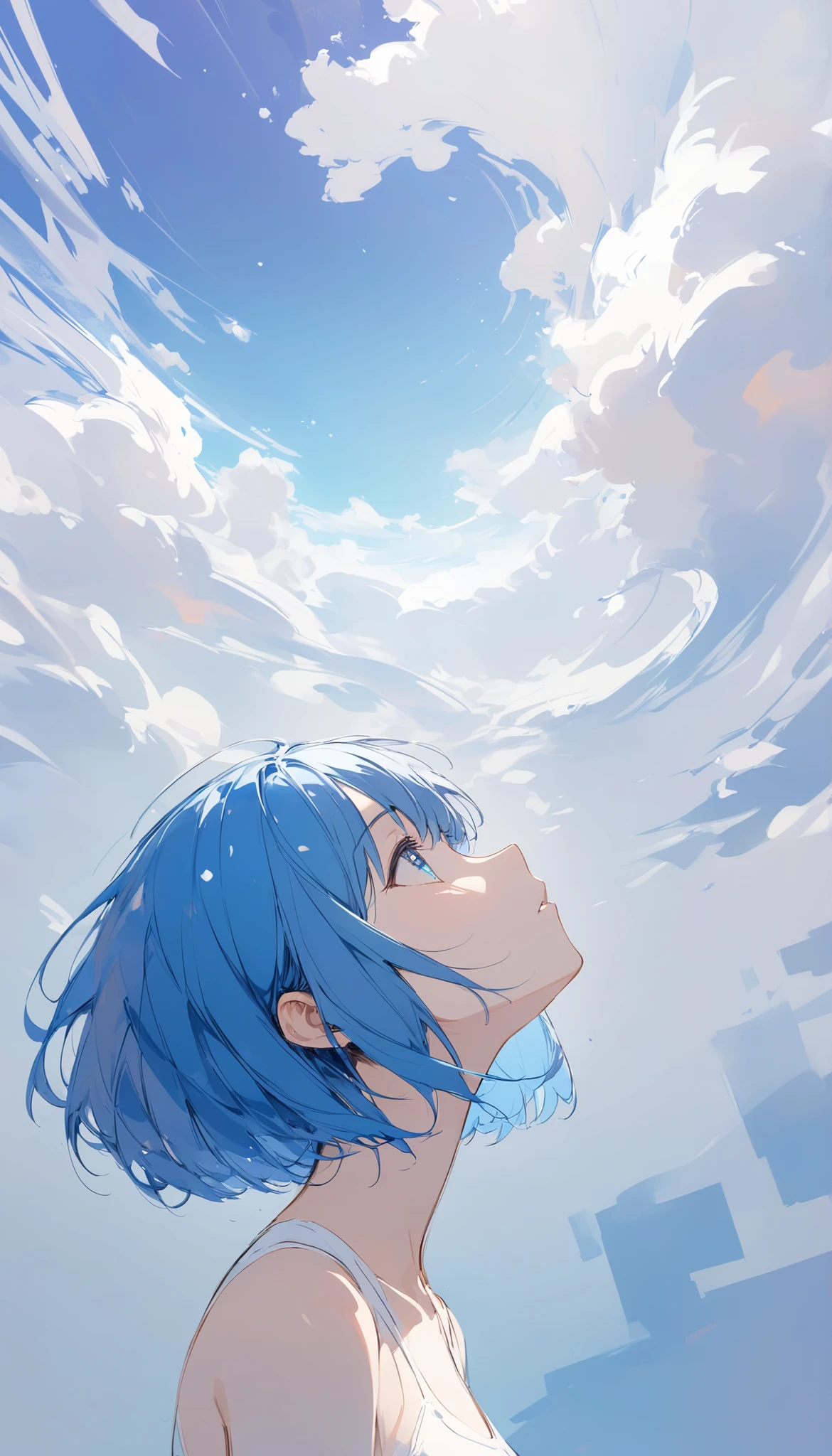 sketch, abstract background, body, looking up at the sky, profile, blue hair, short bob, girl on the right, (masterpiece, best quality), white gradient