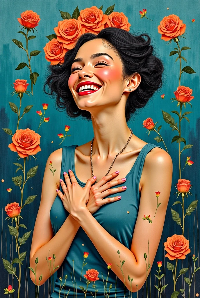 Benjamin Lacombe style, de stilj and dada collage, a woman beaming from ear to ear, snippets of happy memories floating around her. Teal palette with a hint of purple, The background features a collage of memories of watching movies, roses, her hands clutched to her heart, flowing swirly rippling lines, cut up magazine, including flowers, abstract elements, creating a surreal, modern aesthetic. expressive brushwork, style of Vincent van Gogh, surreal elements, abstract background, impressionistic details, high contrast, dramatic lighting, style of Frida Kahlo, geometric patterns, mixed media, collage elements, textured surfaces, style of Pablo Picasso, emotional depth, introspective mood, style of Gustav Klimt, ornate gold accents, intricate details, dreamlike atmosphere