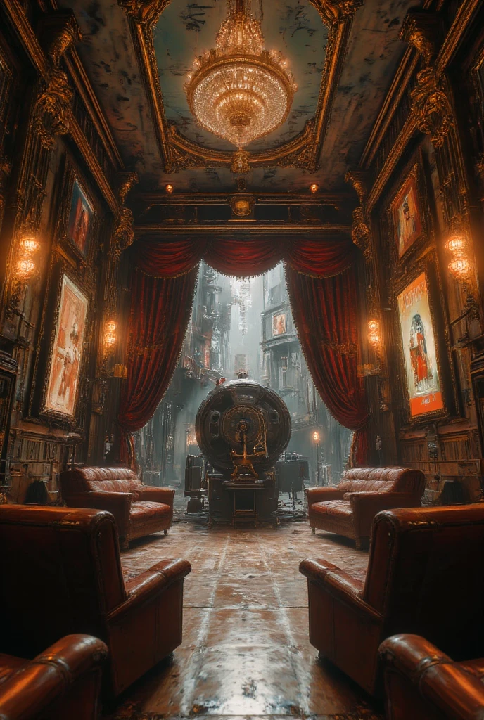 interior cinema perspective (detailed), high quality, professional, photorealistic, 8K, physically-based rendering, extreme detail, vivid colors, dramatic lighting, moody atmosphere, old-fashioned cinema, red velvet curtains, art deco decor, gilded frames, crystal chandelier, leather armchairs, wooden floors, film projector, film reel, vintage movie posters