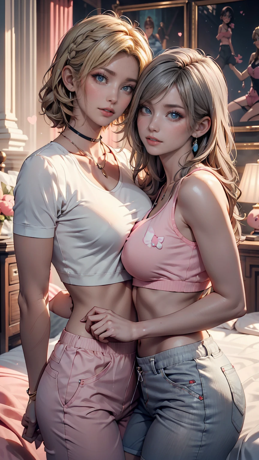 RAW photo, blonde hair, (boho bob, short hair), high quality, highres, sharp focus, extremely detailed, cinematic lighting, 8k uhd, ab, Best quality, masterpiece, ultra high res, (photorealistic:1.4), 1girl, offshoulder, deep shadow, shiny skin, Best quality, masterpiece, ultra high res, (photorealistic:1.4), 1girl, offshoulder, deep shadow, shiny skin, Gorgeous 18-year-old woman resembling Sydney Sweeney boho bob, blonde hair, hair in front of face, , short hair, soft pale skin, eyeshadow, dark mascara, white lace push up bra, visible thong strap, small denim shorts, (large breasts)