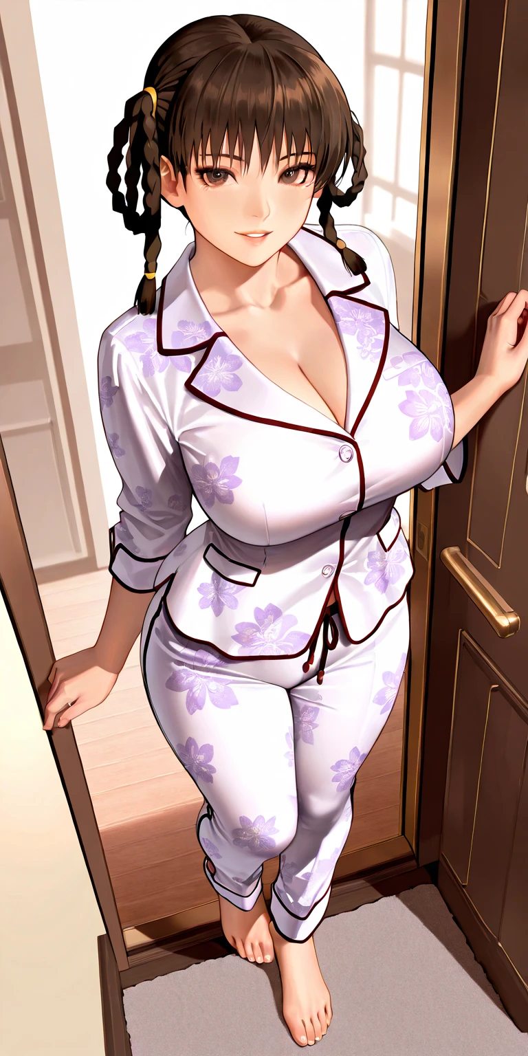 (high resolution), the digital cartoon female standing, 1girl, woman, mature female, house wife, 40 years old, curvy, breasts, smile, (pajamas:1.5), gigantic breasts, solo, brown hair, ponytail, blunt bangs, brown eyes, looking at viewer, bedroom,