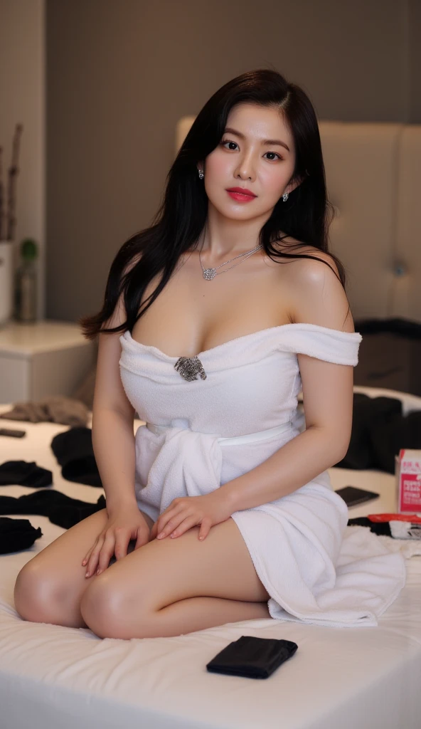 RAW Photos, Soft lighting, Film Grain, 16K Wallpaper, masterpiece, highest quality, Very detailed, 40~50 years old, Full Body Shot, Mature Woman, beautiful, 魅惑的なsmile,Thick lips, Provocative expression, Glossのある髪, Curvaceous and seductive face,Mischievous face,,An inviting gaze,Emphasis on anatomical balance of the human body,A gentle gaze,smile, 妖Gloss,Pink lipstick,Pink Eyeshadow,Luxurious exterior,perfectionなボディ、accessories,Each part of the body is anatomically very well structured., perfection,Best Necklace、Unparalleled beauty、2 wrists、2Book legs、One Face、妖Gloss、Luxurious exterior、smile、Gloss、超滑らかな肌highest qualityのコーディネート、Great background、Super high-end、nice、Sparkling eyes、(((Wear sparkling jewelry)))、(((Alone)))、(((Colorful intricately designed dress)))、Less exposed skin、((場所はGreat backgroundです、Sparkling starry sky、Seaside、Resort)))、(((Ornately decorated white lace robe)))