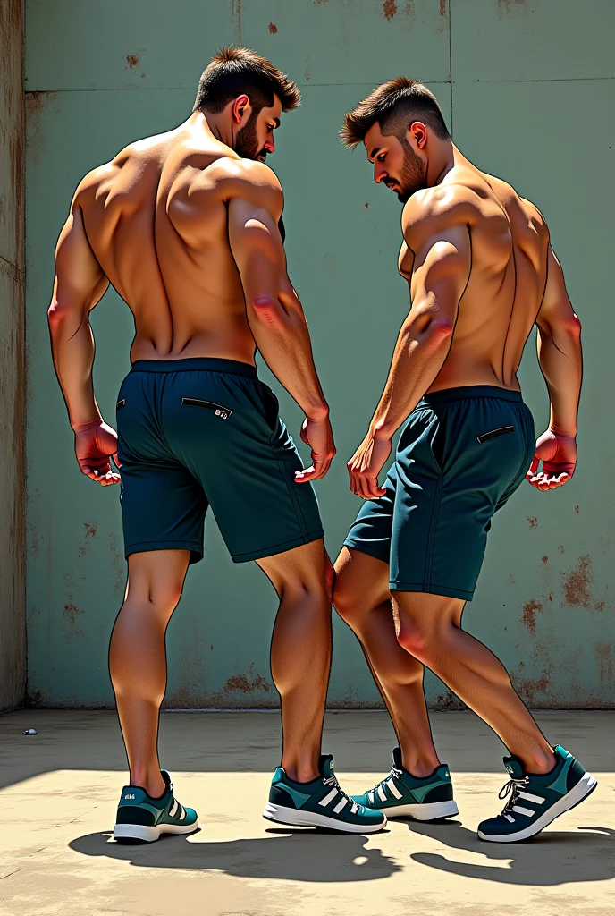 young man making exercise, with muscles, blue shorts, forest, spring mysterious atmosphere, bright sunset
