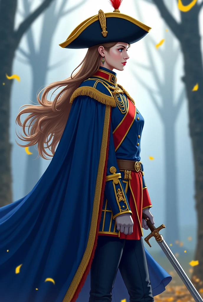 Make a Swedish female soldier in royal blue imperial uniform with yellow details and some red details that belong to the Swedish empire and wears a large black tricorn hat on her head with white details and long light brown hair that is slightly wavy and in the background she is in a misty forest with her sabre and she wears an elegant blue cape with an anime-style background.