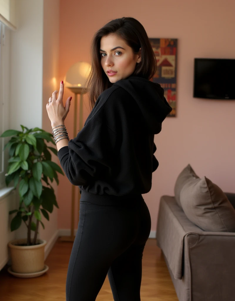 an arabic instagram model, wearing black casual outfit, posing at her home, dark brown hair, hazel eyes, realistic photography