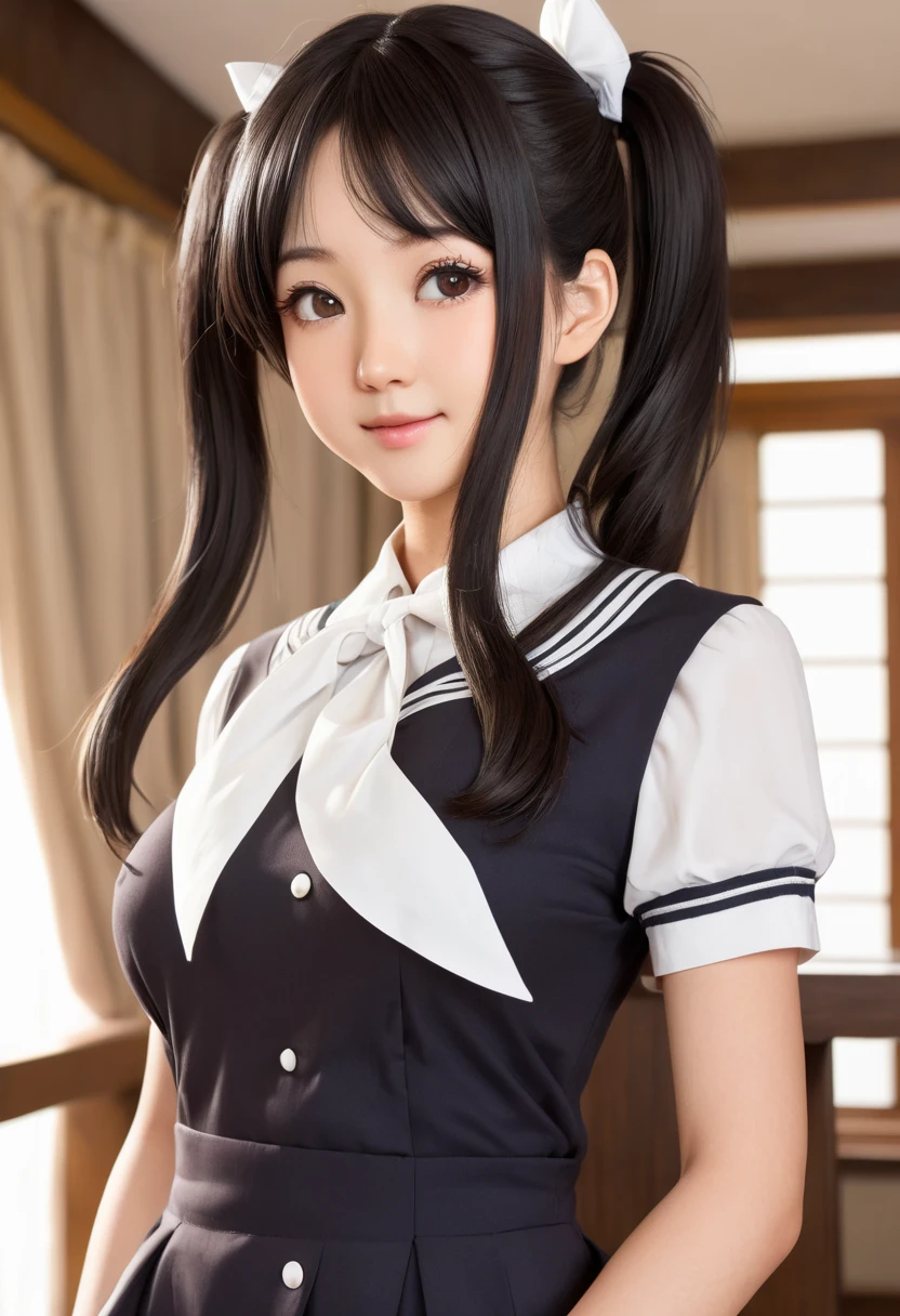 (highest quality,masterpiece:1.3,Ultra-high resolution),(Very detailed、Caustics) (Realistic:1.4, RAW shooting、)Ultra-Realistic Capture、Very detailed、Natural skin texture、masterpiece、(Japanese girls wearing high school sailor uniforms:1.3)、Adorable expression、Expressions of happiness、14 years old、Height: 148cm、Young Face、Amazingly cute、Twin tail hairstyle、Straight hair、Scrunchie、Black Hair、light makeup、Slightly large breasts、Bare arms、Shining thighs、Shining ass、Filmed in a junior high school classroom、Background in detail、(Hold your legs with your hands and open them) 、Satin fabric panties are visible、smile、An inviting gaze、Anatomically correct、Cowboy Shot、Attention to detail、Pose that emphasizes the legs、