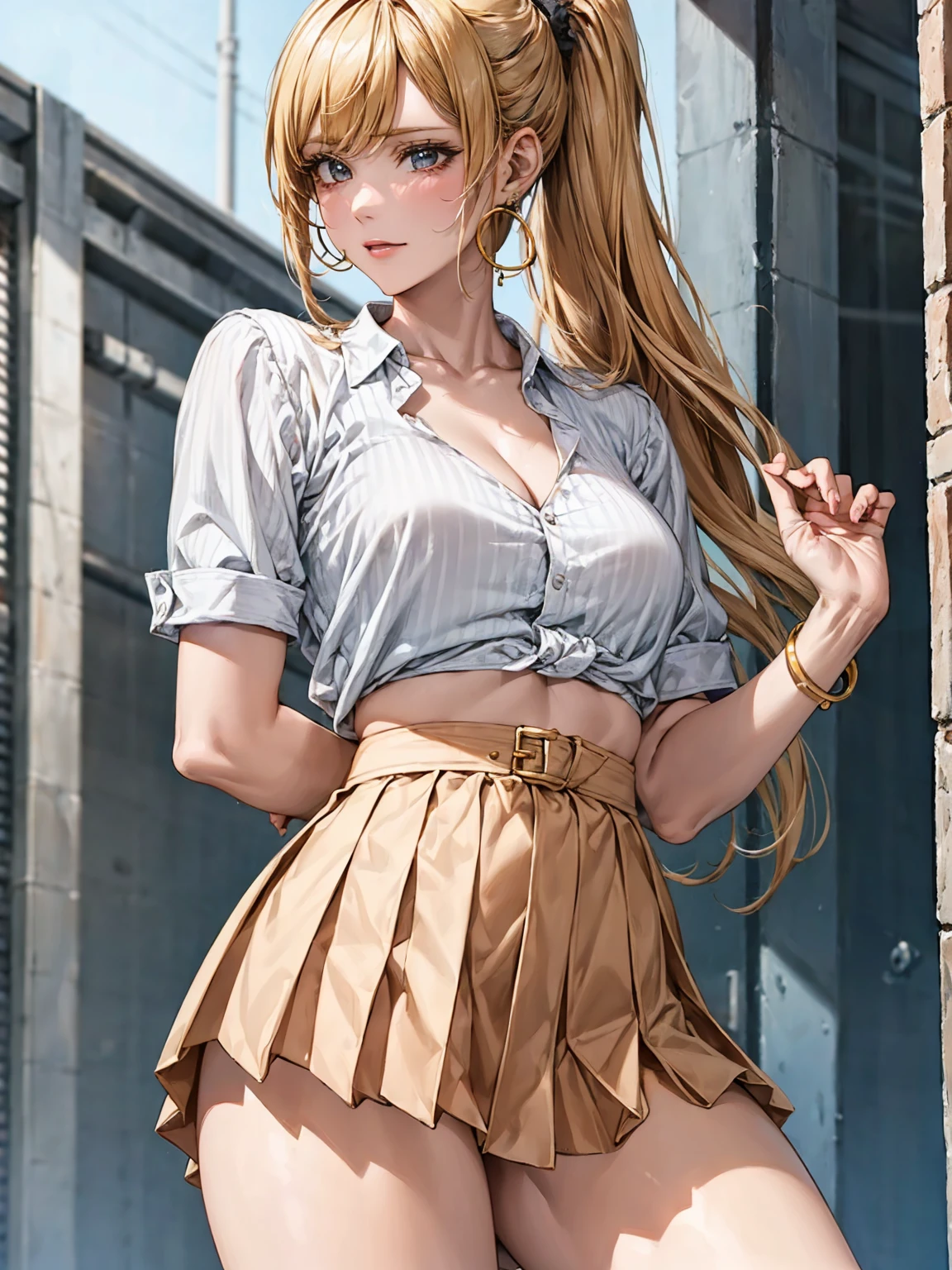(ponytail:1.8,1 woman),Ultra High Resolution, roll up my sleeves ,poses to accentuate cleavage,open stance,skirt lift,from below,white shirt , pleated skirt, upskirt,Panchira,Outdoors,office, natural light, casual atmosphere , front view, balanced exposure ,Female 1,shirt,Chest ,Highly detailed face and skin textures,looking at the camera,  perfect beauty  : 1.4, fine grain, Double Eyelids, Whitening,perfect face, Cute and Symmetrical Faces , when shooting 5 fingers, shiny skin,straight bangs with symmetrical sides, split bang, long eyelashes, beautiful hair, beautiful face, beautiful detailed eyes, beautiful body, beautiful breasts, beautiful thighs, beautiful legs, beautiful fingers,gold hoop earrings,bracelets for men
