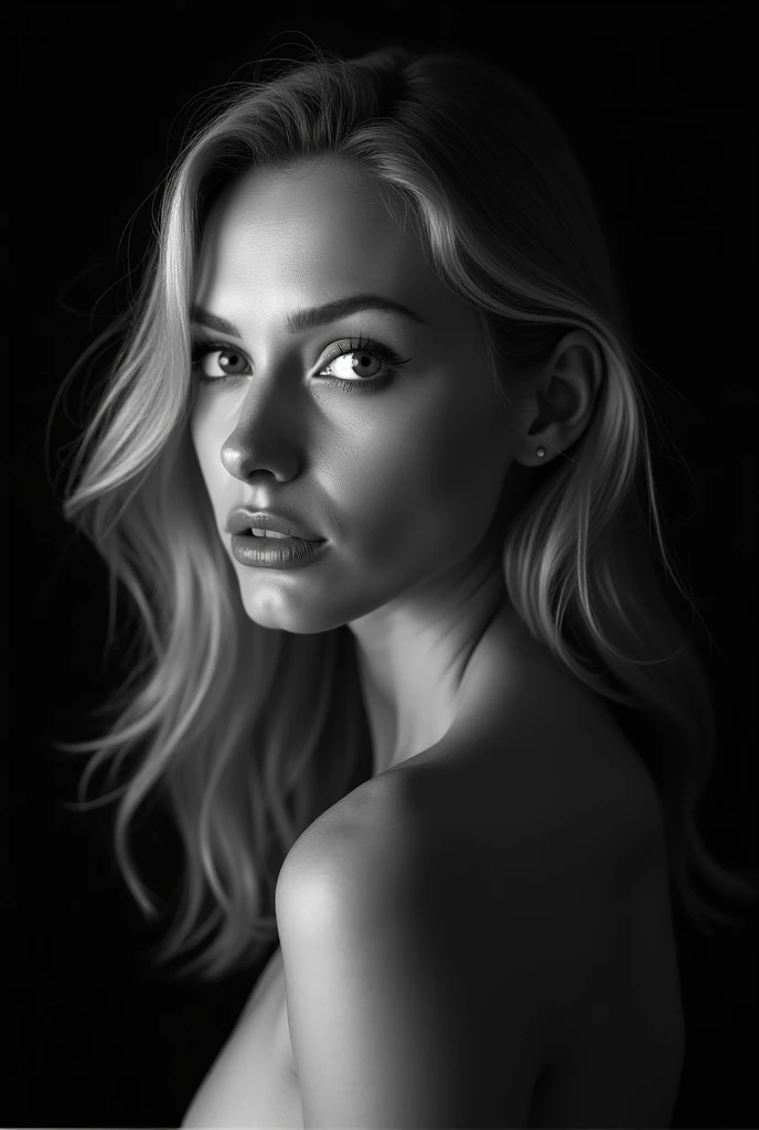 studio photography. black and white photography. rim light. studio light. black background. hasselblad camera. medium format. 80mm lens f2.8. ultrarealistic skin texture. 25 years old girl  vogue.  close portrait. no clothes. blonde