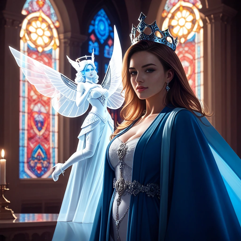 A futuristic reinterpretation of Jean Fouquet's Madonna and , depicting a photo-realistic woman with porcelain skin and elegant facial features, wearing a high-tech crown and a flowing nano-fiber robe. She holds a semi-robotic  with glowing eyes and soft, human skin. Both have subtle cybernetic implants integrated artistically into their bodies. The background is a cathedral-like space station filled with luminous, angelic androids floating around, glowing in red and blue hues, inspired by cherubim and seraphim. Ultra-detailed, cinematic lighting, ethereal atmosphere, majestic and divine, award-winning digital art style.