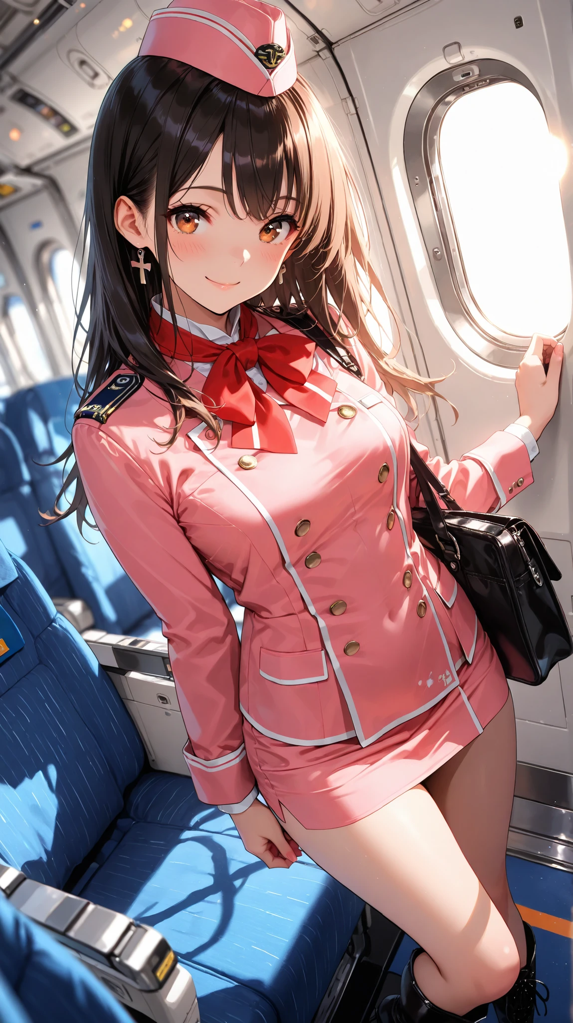 masterpiece,best quality,ultra detailed,8K,super fine illustration,highly detailed beautiful face and eyes,perfect anatomy,professional lighting,1girl,flight attendant,solo, safe,orange dress,pink dress,two-tone dress,microskirt,boots,smile,airplane interior,dynamic angle,depth of field,chromatic_aberration,very aesthetic,absurdres,