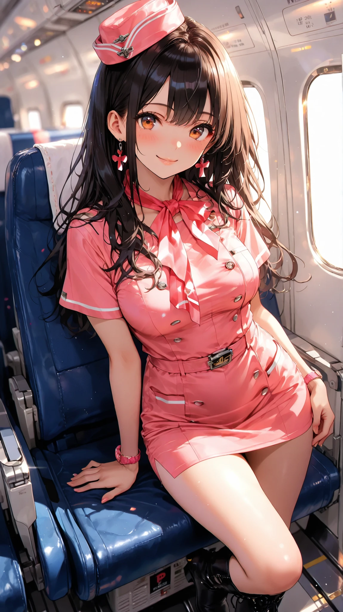 masterpiece,best quality,ultra detailed,8K,super fine illustration,highly detailed beautiful face and eyes,perfect anatomy,professional lighting,1girl,flight attendant,solo, safe,orange dress,pink dress,two-tone dress,microskirt,boots,smile,airplane interior,dynamic angle,depth of field,chromatic_aberration,very aesthetic,absurdres,