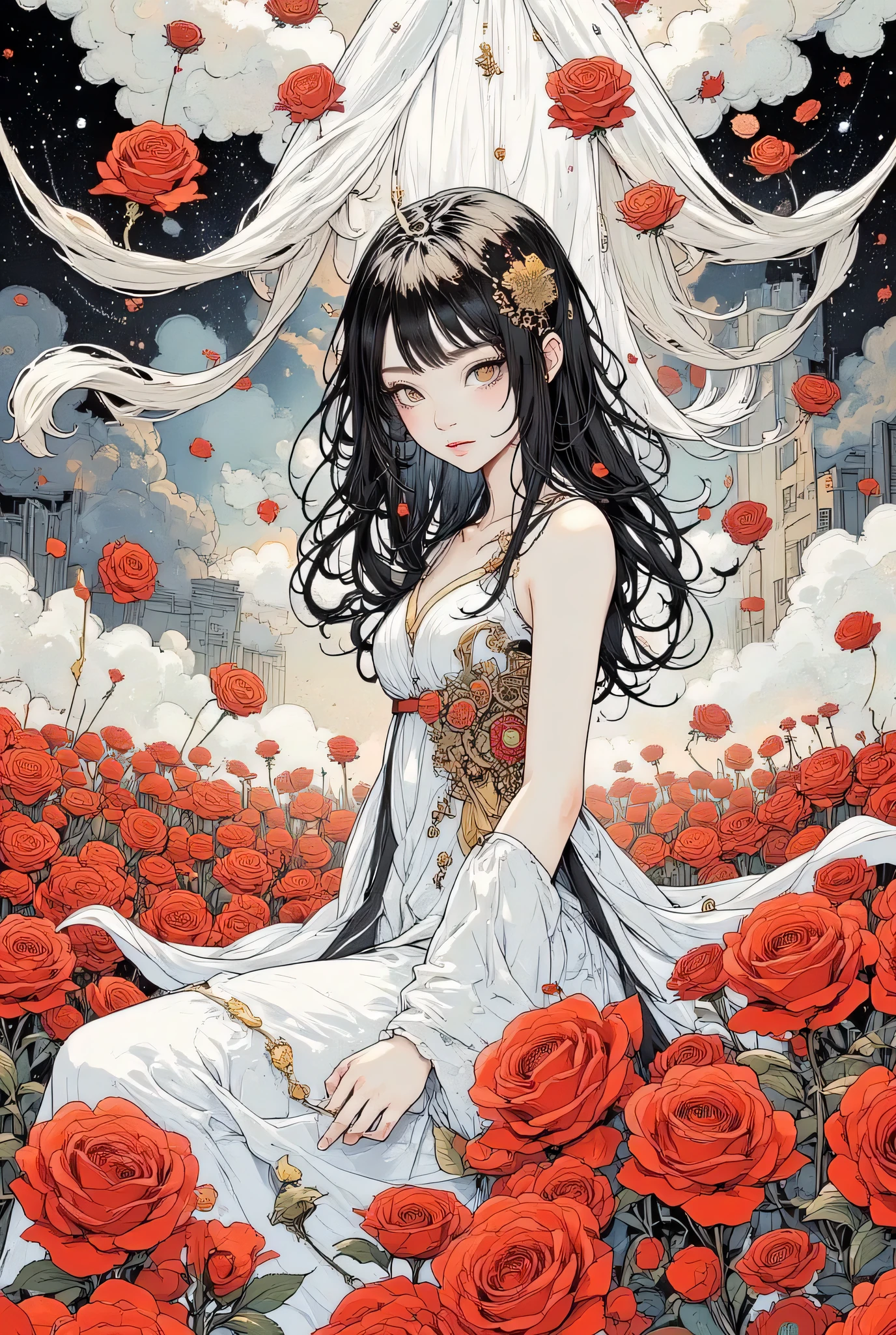 Elegant Ink Painting，one woman、Atmospheric Weight,Rose Angel，She has feathers、 Light Pouring Down from the Sky 、long hair，bungs，In the background is a garden of red roses ，A dress made of very light and thin fabric，sexy，floating，Magical Brilliance，Closeup Full Body Portrait，