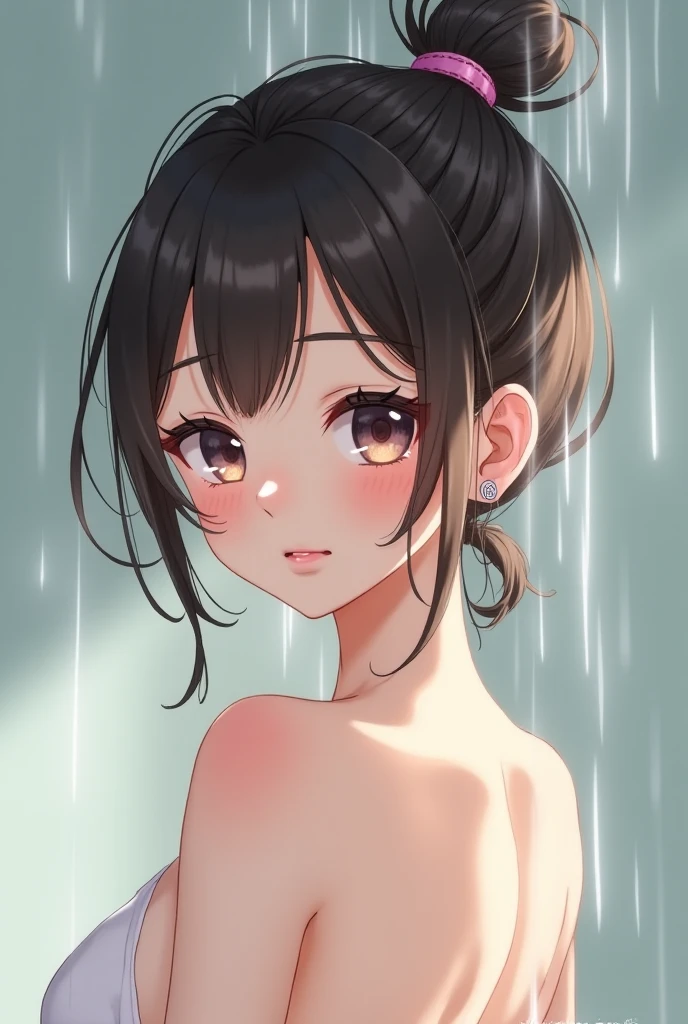 masterpiece, High resolution, perfect face, beauty of japan, 30 years old, beautiful face, shower room, embarrassed look, (top quality eyes), (detailed texture), look at me, Married woman, cool women, (high resolution eyes), black hair, nude, taking shower, from upper