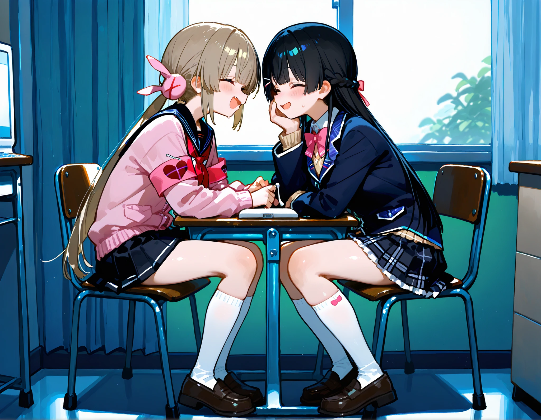 748cmstyle。2 girls。Tsukino Mito(Nijisanji)、blazer uniform。machine。 laugh。face to face。chair in the left hand examination room。Classroom。natori sana, virtual youtuber, twintails, low twintails, hair ornament, pink cardigan, black sailor collar, red neckerchief, pleated skirt, black skirt, armband, long sleeves, white socks, loafers。laptop。 black skirt
