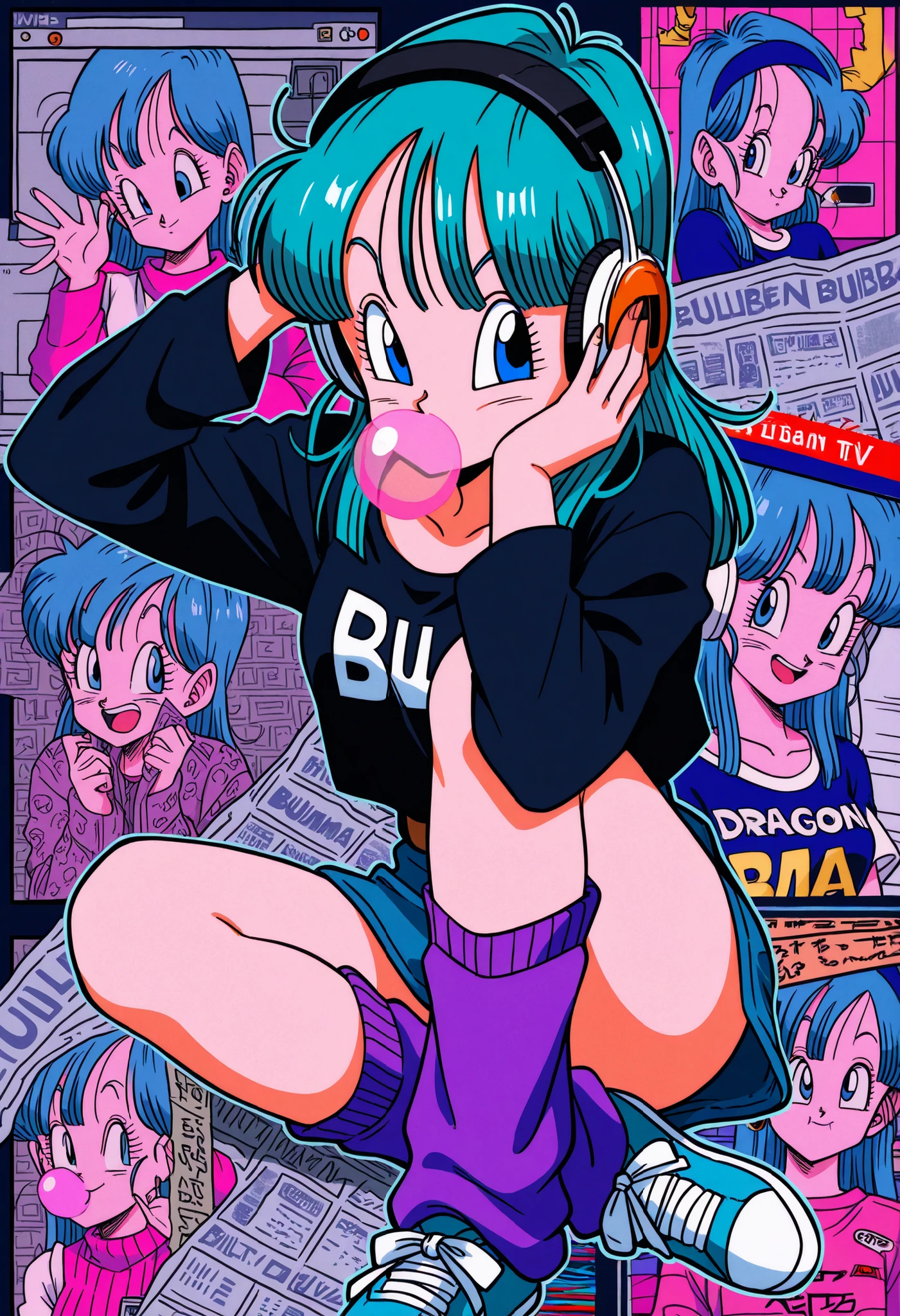 masterpiece, best quality, amazing quality, Collage-Style, bulma, happy, collage, retro, dragon ball, sneakers, bubblegum, vhs tape, static, leg warmers, solo, cool pose, newspaper, sketchy lines, Static TV Noise, chewing gum, retro walkman, headphones, stylish,