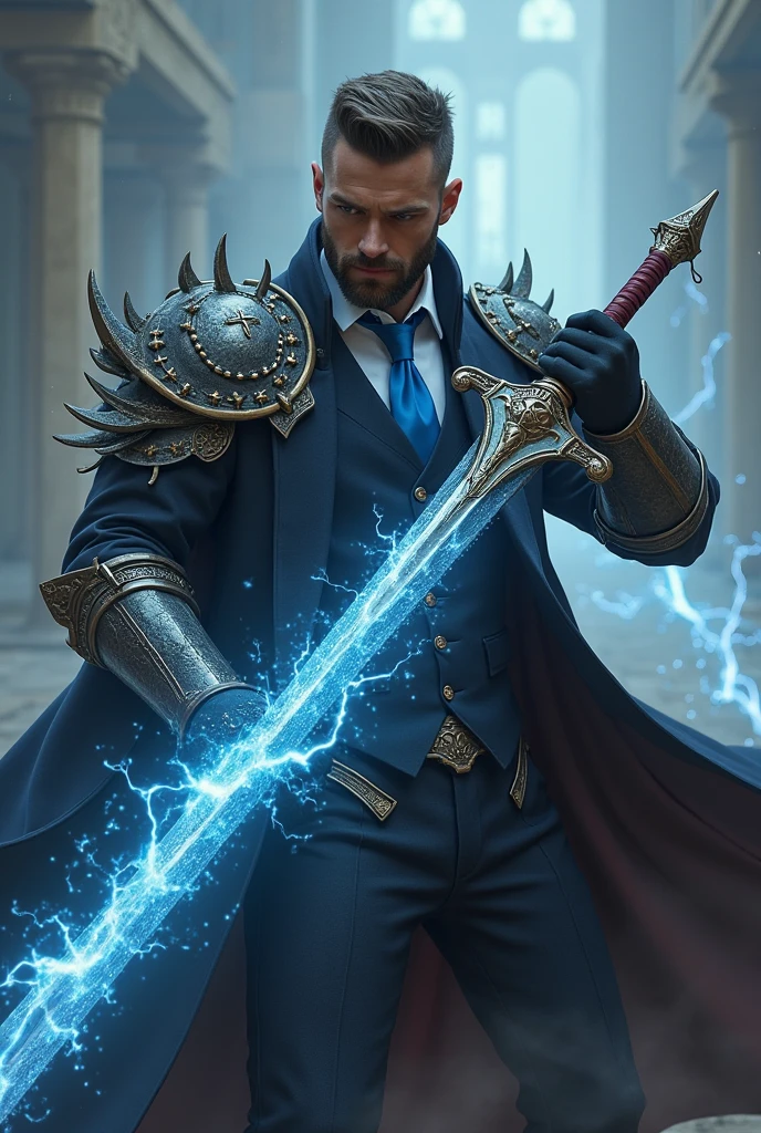      Handsome man    , tall and strong with a short beard ,  Dressed in armor and a suit with a blue tie underneath, brandishing two swords wrapped in white light in combat pose