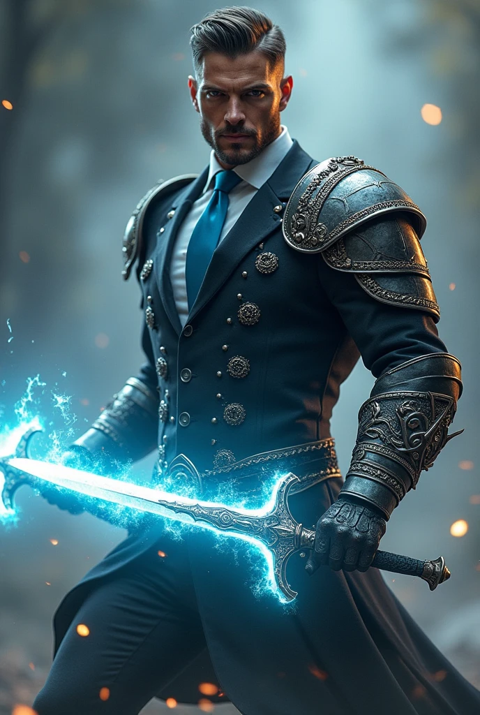      Handsome man    , tall and strong with a short beard ,  Dressed in armor and a suit with a blue tie underneath, brandishing two swords wrapped in white light in combat pose
