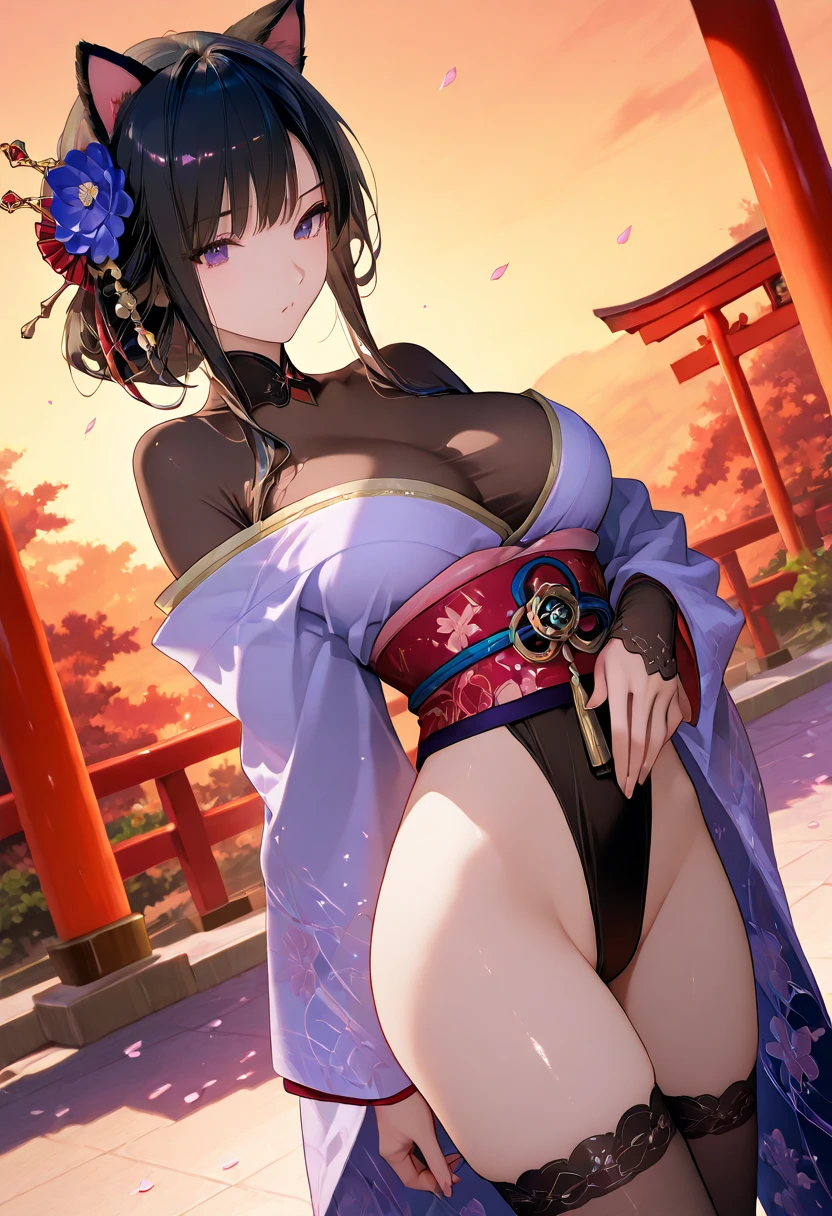 ((slanted eye)),(A MILF),(((maturefemale,adult woman))),Solo,masutepiece,top-quality, ultra-definition, max resolution, A highly detailed,((((Beautiful skins)))), Extremely sexy,Colossal tits,White panties,blush,high legs,thong,((ninjartist,Ninja costume,Short kimono,side slits)),cleavage,overknee socks,A Japanese style,At night,groin,Big ass,Beautiful black hair、Black eyes,poneyTail,Standing,Sexy thighs,agitation,frombelow