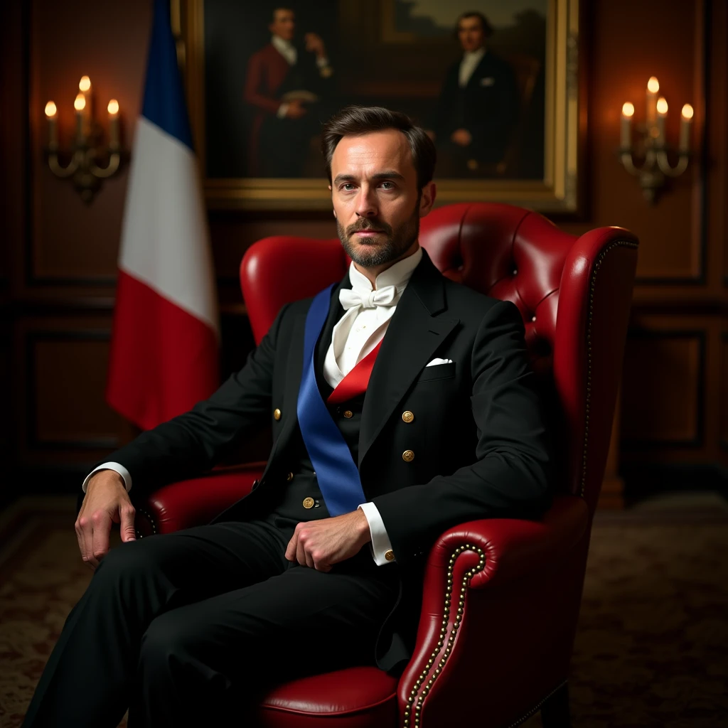 A dignified French gentleman from the 19th century is seated in a luxurious red leather armchair, facing directly toward the viewer with a calm, confident expression. His posture is straight and formal, with his torso and head aligned, giving a sense of composure and authority. He wears a tailored, dark-colored French diplomat suit from the 1800s, featuring elegant lapels and subtle golden buttons. A simple, refined French tricolor sash (blue, white, and red) is draped across his chest, symbolizing national pride.

The setting is a quietly elegant French interior, such as a historical library or formal government office. The background includes classic wood paneling, a softly lit ambiance, and a French flag subtly displayed in the background. A painting of historical French figures or a framed official document might hang on the wall behind him, adding a sense of heritage.

The atmosphere is calm and sophisticated — no excessive decorations, just the quiet authority of a high-ranking French official. Lighting is warm and balanced, bringing out the textures of his suit and the soft details of the room.
