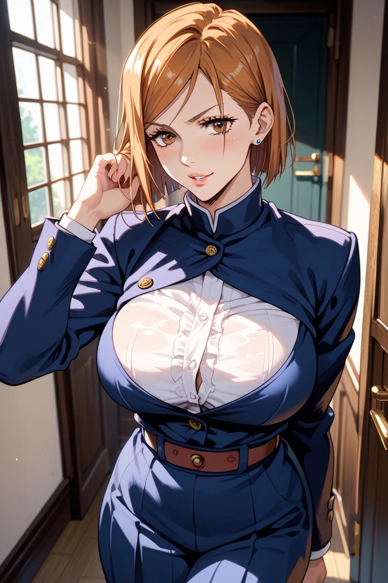 nobarajk , top-quality、Top image quality、​masterpiece、teens girl((18year old、 Ager、Best Bust、Medium bust,wide open breast tea、light blue eyerest, black and golden hair、A slender,Large valleys、dye one's cheeks red、pretty pose)),hiquality、Beautiful Art、Background with((Inside the inn、natta、Red carpet))、masutepiece、depth of fields,a picture, (1Girl:1.4), (Solo:1.2), (Black shirt，Black pantsuit, button), brown hair, black eyes